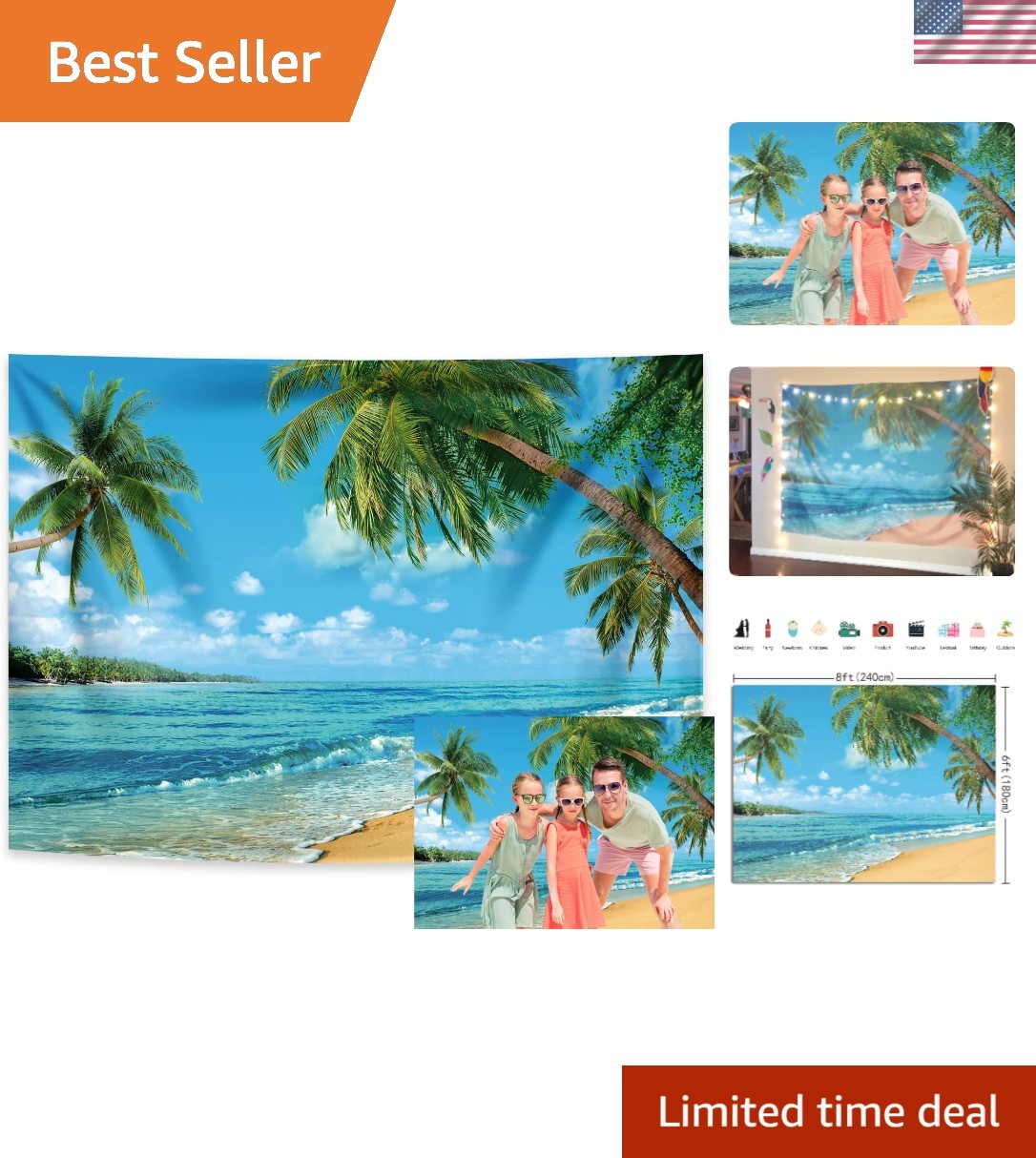 Vibrant Tropical Beach Backdrop 8x6ft – Perfect for Fun Summer Celebrations