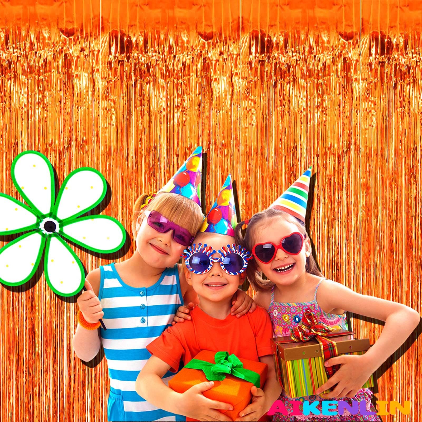 4 Pack Orange Foil Fringe Curtain Backdrop 3.2Ft x 9.8Ft Party Streamer Prop