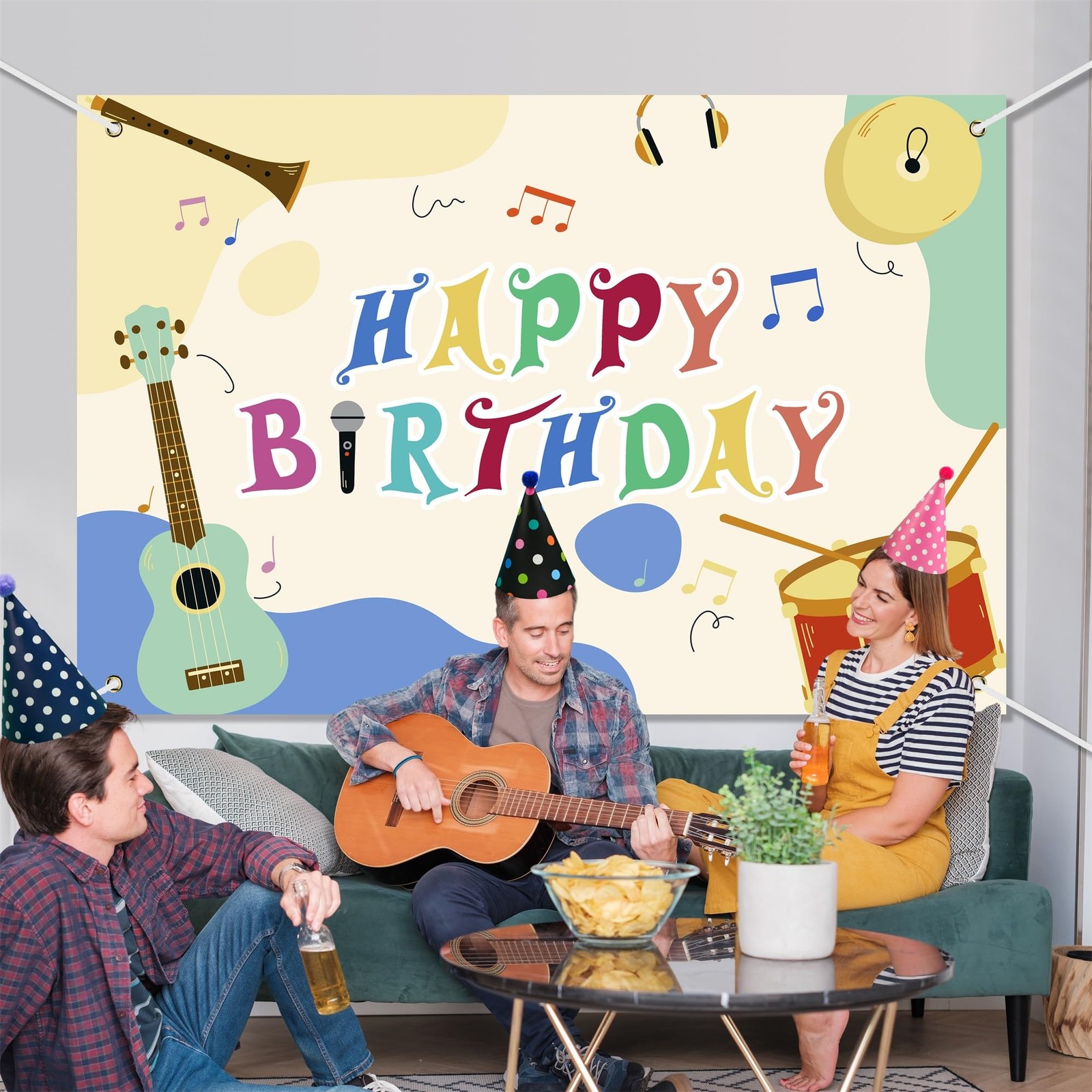 Music Note Happy Birthday Banner Backdrop Various Cartoon Musical Instruments…