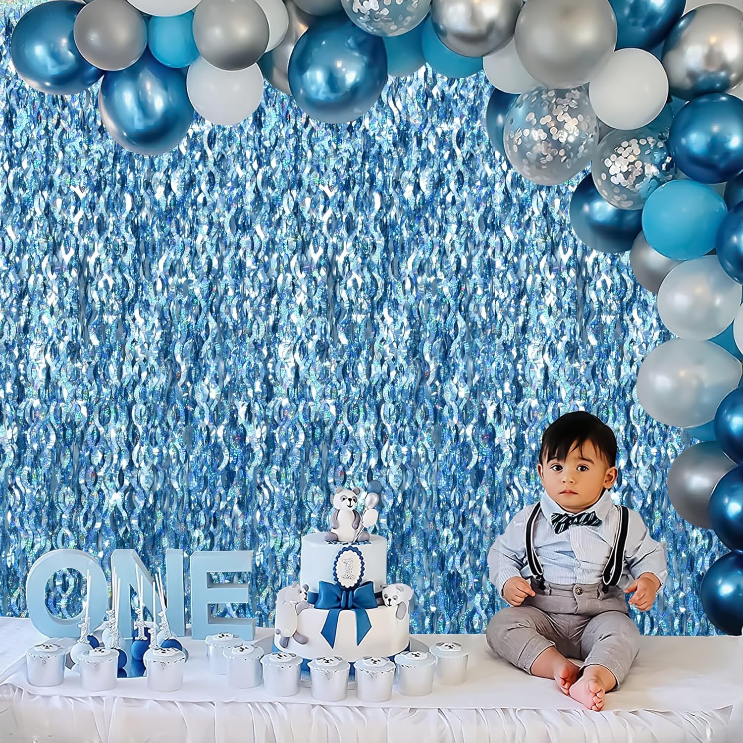 Light Blue Wavy Metallic Tinsel Foil Fringe Curtains Backdrop 3 PCS Set