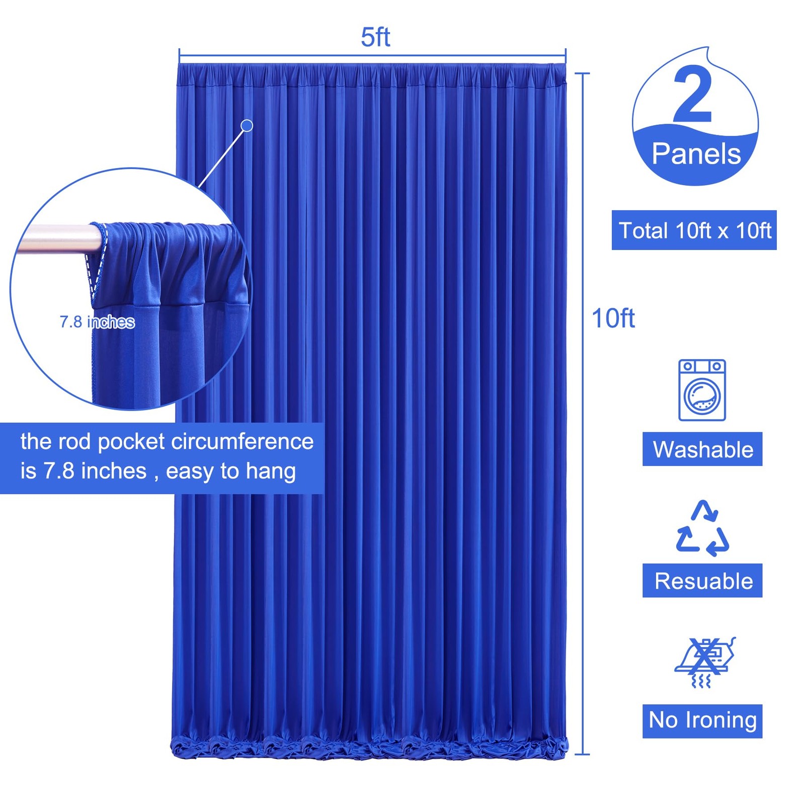 10×10 Royal Blue Backdrop Curtain for Parties Wrinkle Free Blue Photo Curtains