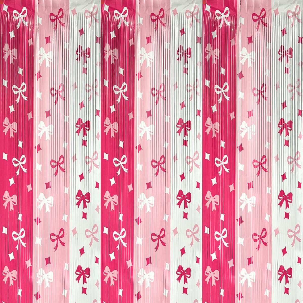 3 PCS Pink Bow Tinsel Foil Fringe Curtains Party Backdrop Birthday Decor