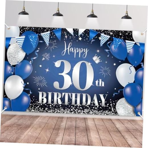 Happy 30th Birthday Banner for Him, Navy Blue Black Silver Blue Black 30th