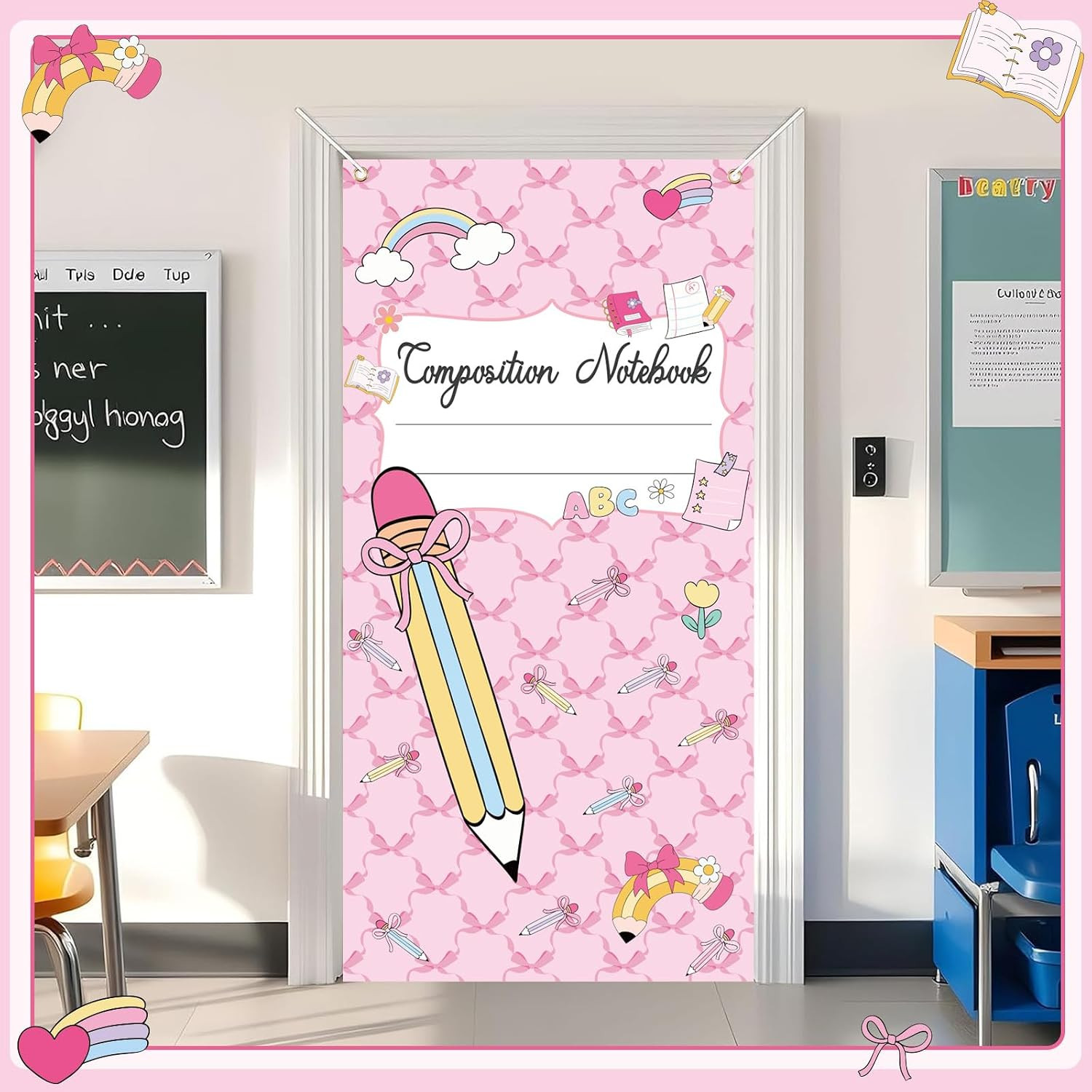 Back to School Door Cover, 5.5 X 2.7 Ft Classroom Banner | Composition Notebook