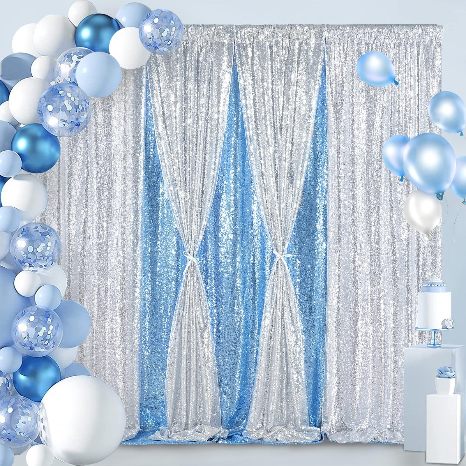 Silver Sequin Backdrop 7ft x 7ft Glitter Photo Booth Backdrop Curtains for We…