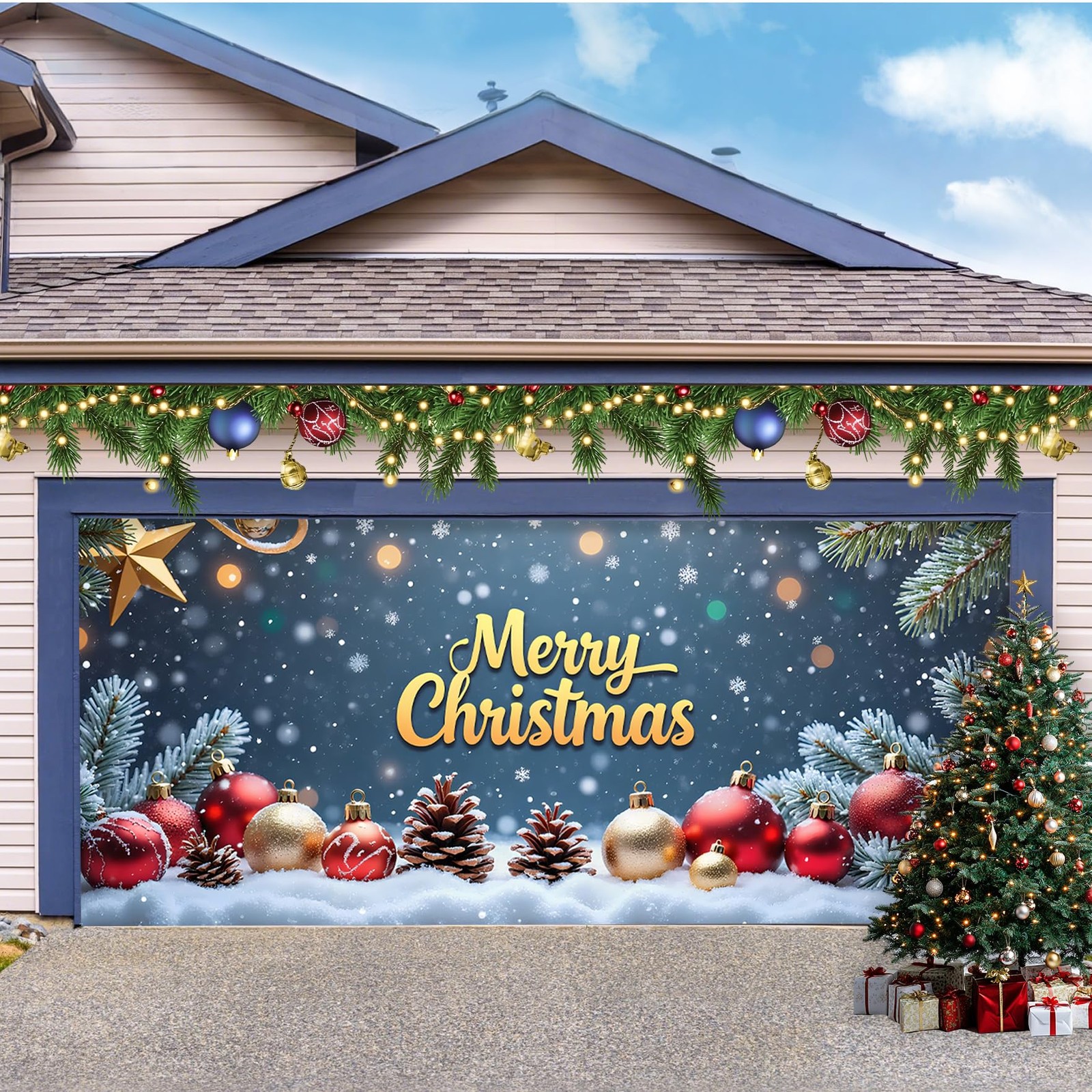 Christmas Garage Door Cover, Large Christmas Banner Backdrop Decorations Hang…
