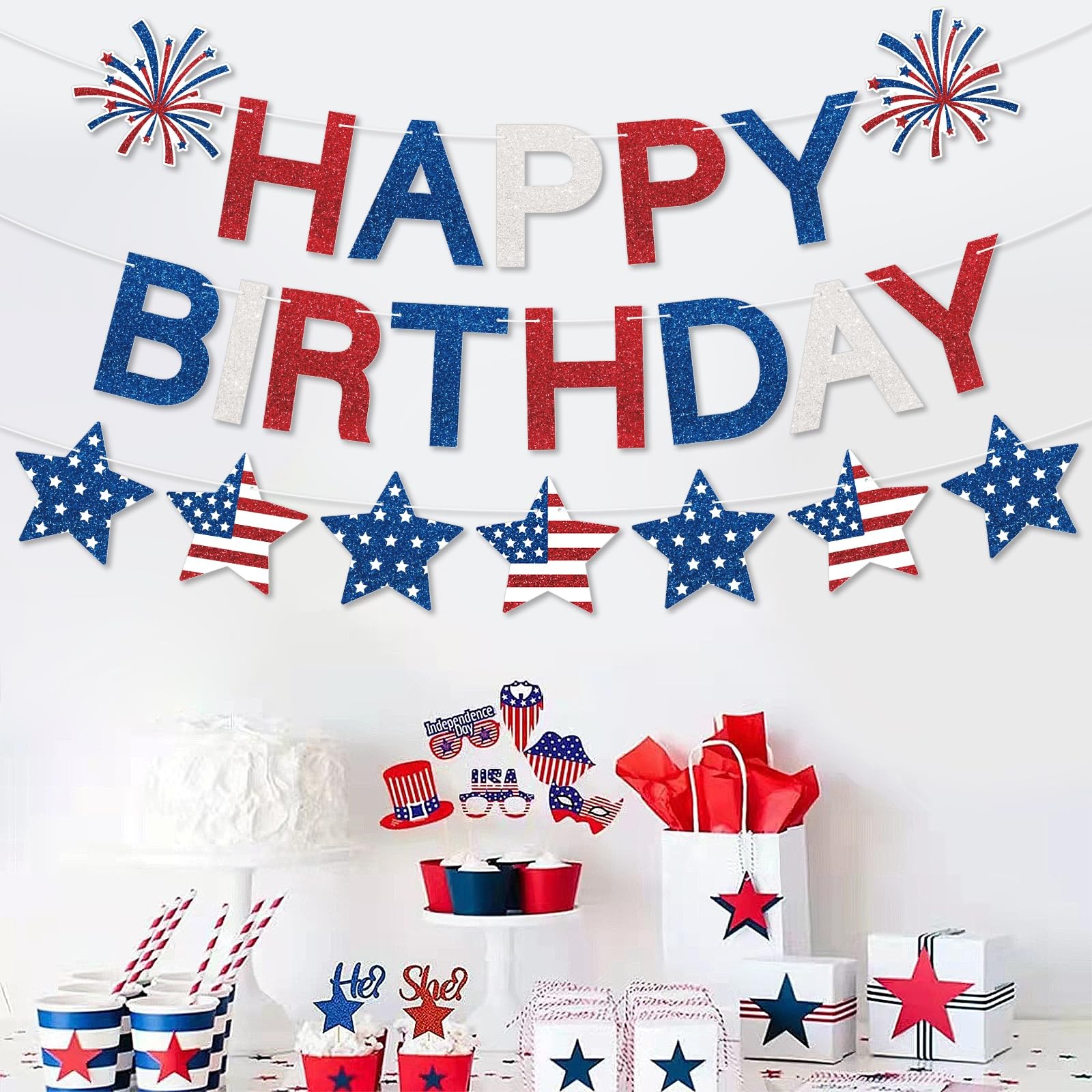 Happy Birthday Banner Patriotic Red White Blue Decorations, Glitter Happy Pat…