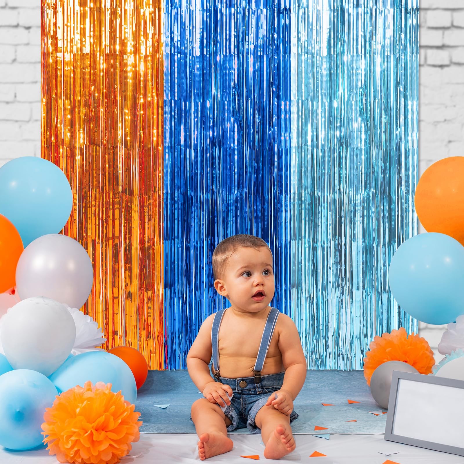 3 Pack 3.3×6.6Ft Blue Dog Foil Fringe Curtains, Orange, Light Blue Tinsel