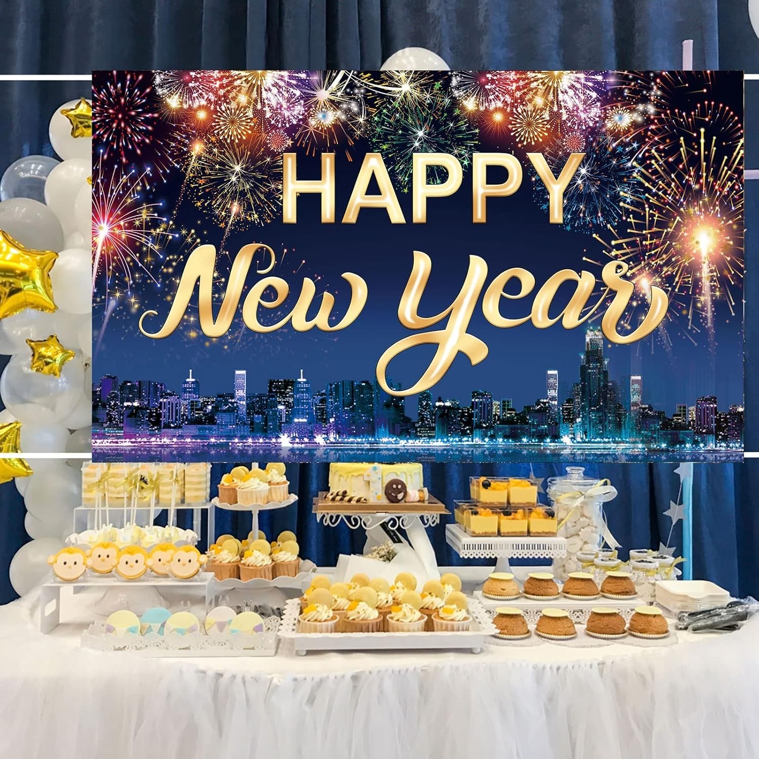 Famoby Happy New Year Fabric Sign Poster Banner Backdrop with Fireworks Large