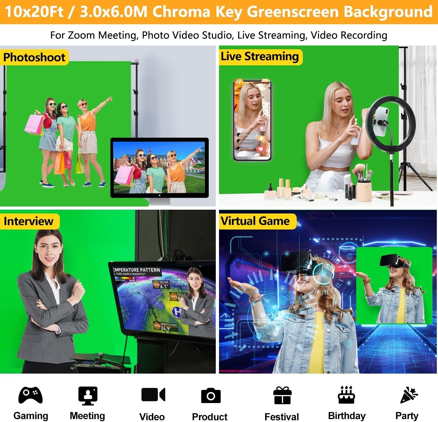 Green Screen Backdrop 10X20Ft for Photography, Chromakey Green Screen Green Musl