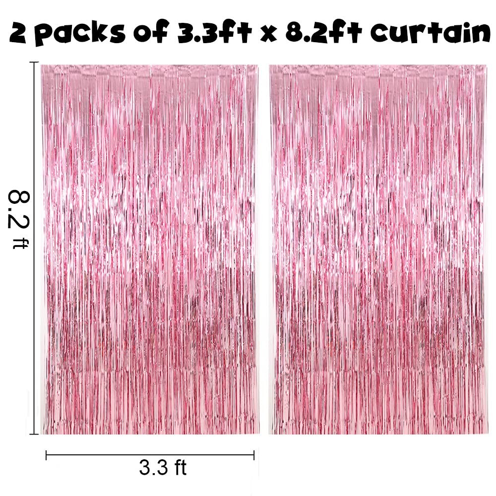 2 PCS 6.5×8.2ft Pink Foil Fringe Tinsel Curtains for Birthday Party Backdrop