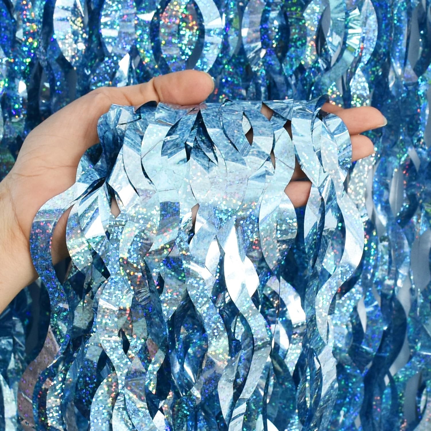 Light Blue Wavy Metallic Tinsel Foil Fringe Curtains Backdrop 3 PCS Set
