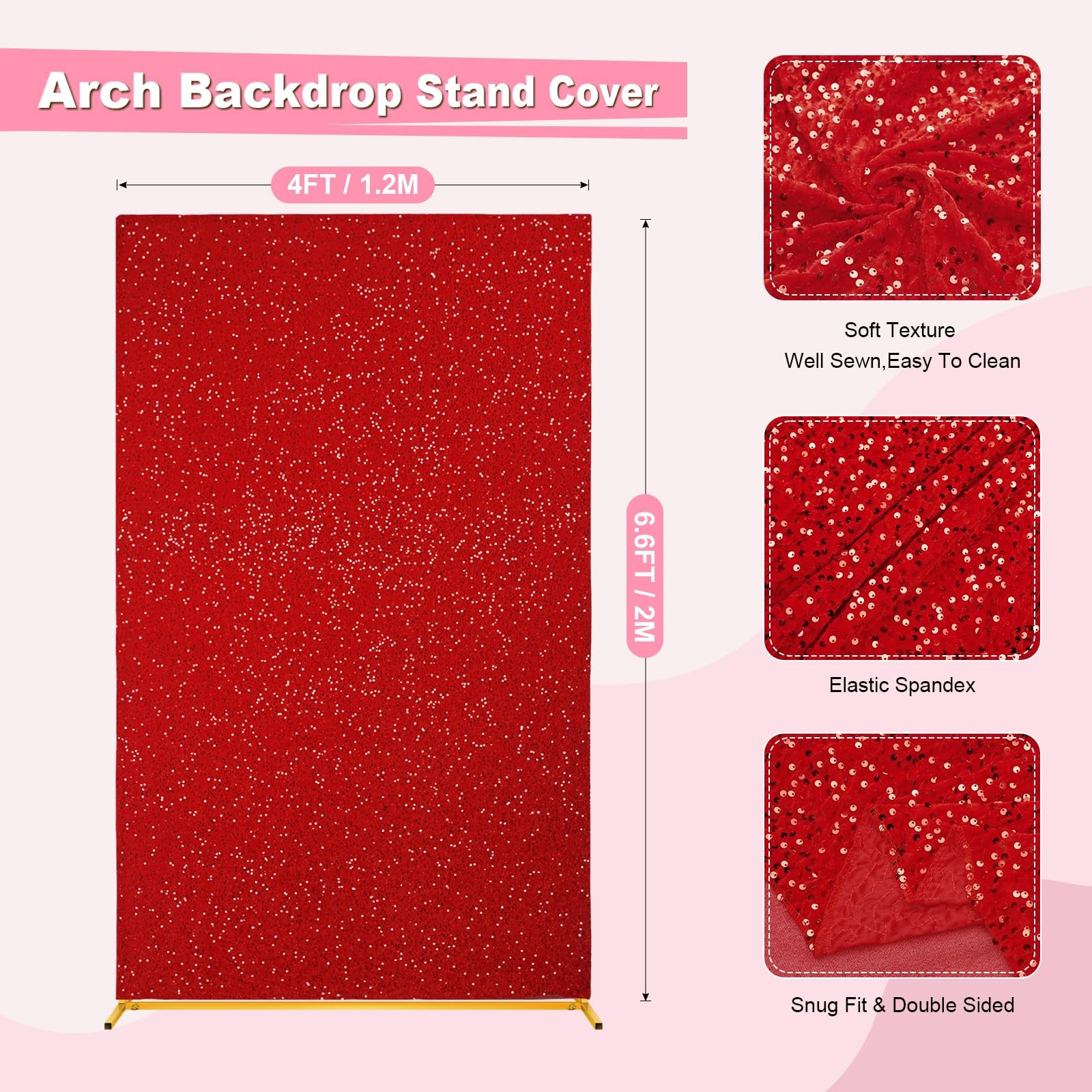 Square Wedding Arch Backdrop Cover, 6.6×4 Ft Velvet Red Sequin Backdrop Stand…