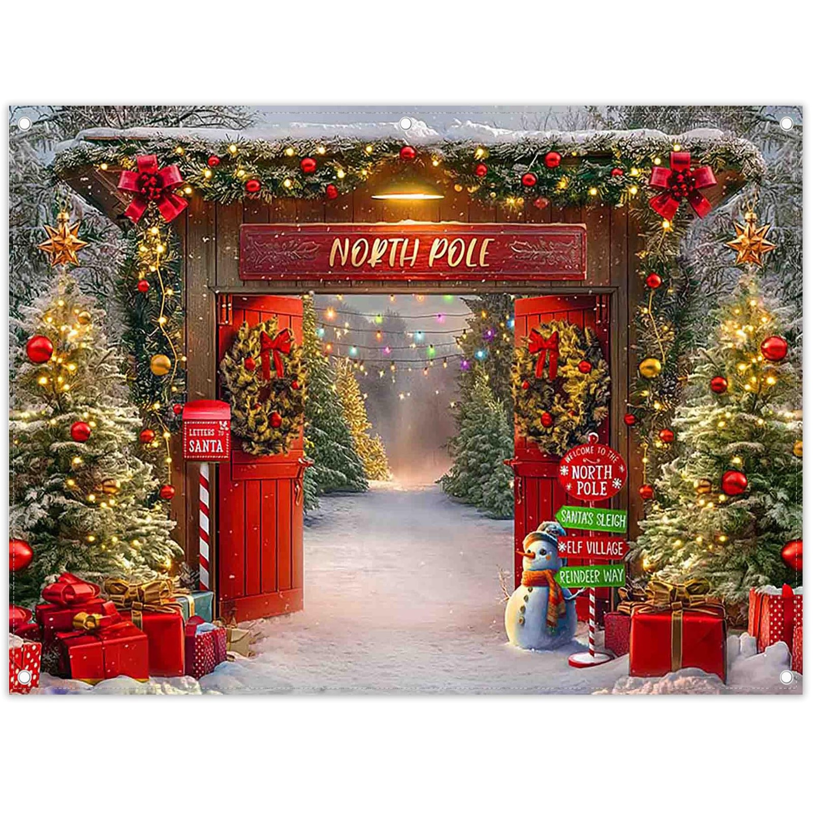 8x6ft Fabric Christmas Backdrop Winter Forest Wooden Barn Door North Pole Sno…