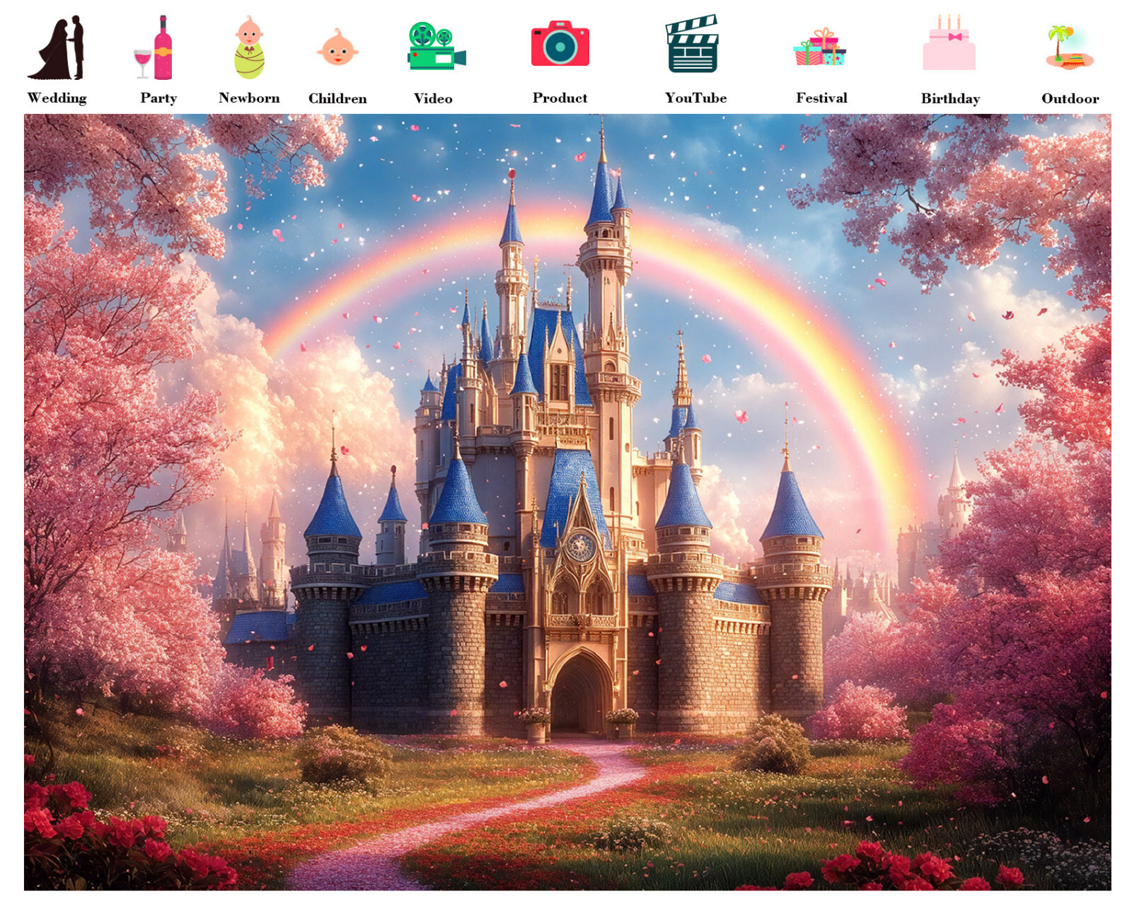 10x8ft Romantic Rainbow Blue Magic Fairy Castle Vinyl Backdrop Photo Background