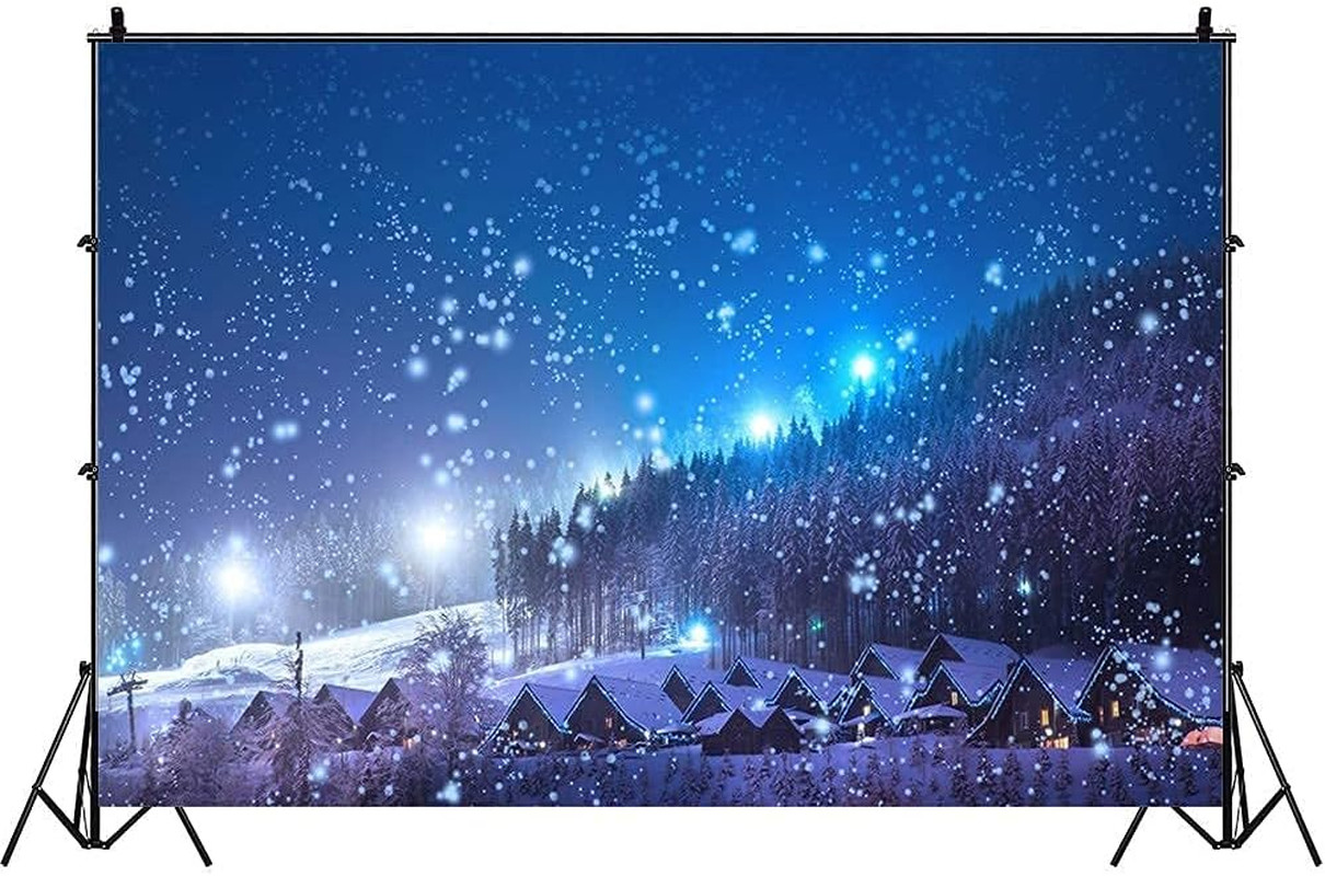 Christmas Backdrop Rustic Village Night View Forest Trees Snowing 5X3Ft