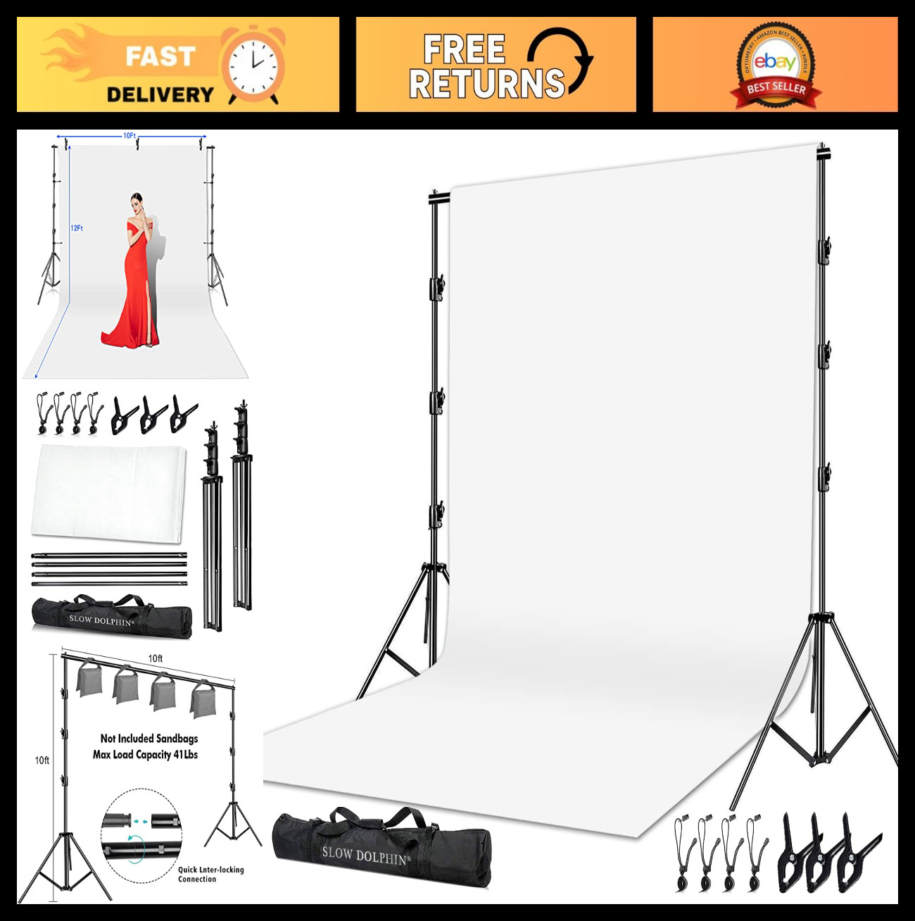 10x12ft White Cotton Muslin Backdrop with 10x10ft Stand & Support Kit for Photog