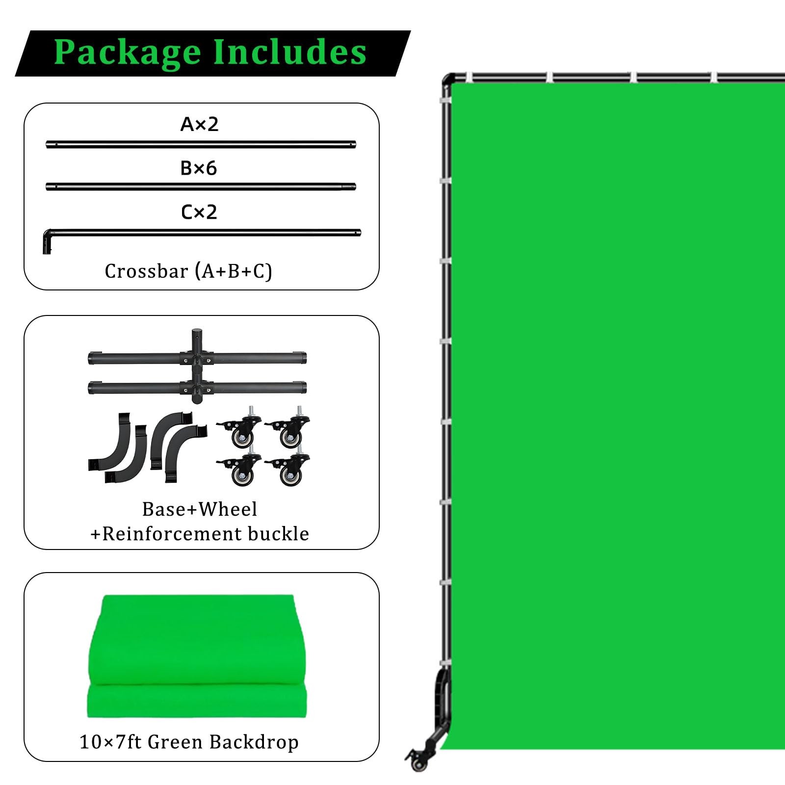 BENOISON Backdrop Stand with Wheels & Backdrop – 10x7ft(WxH) Green Screen