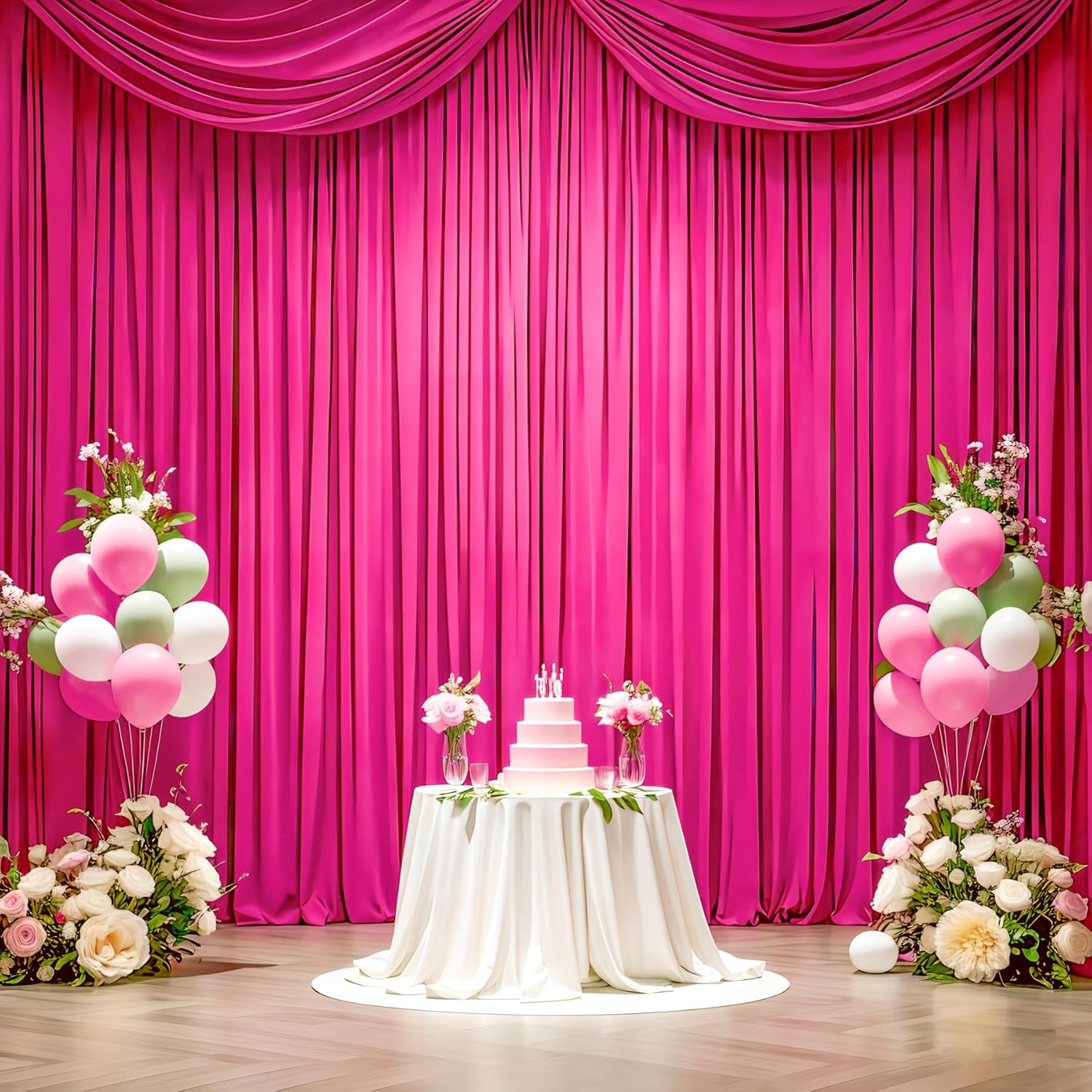 40 Ft X 10 Ft Wrinkle Free Fuchsia Backdrop Curtain for Parties, 8Panels Polyest