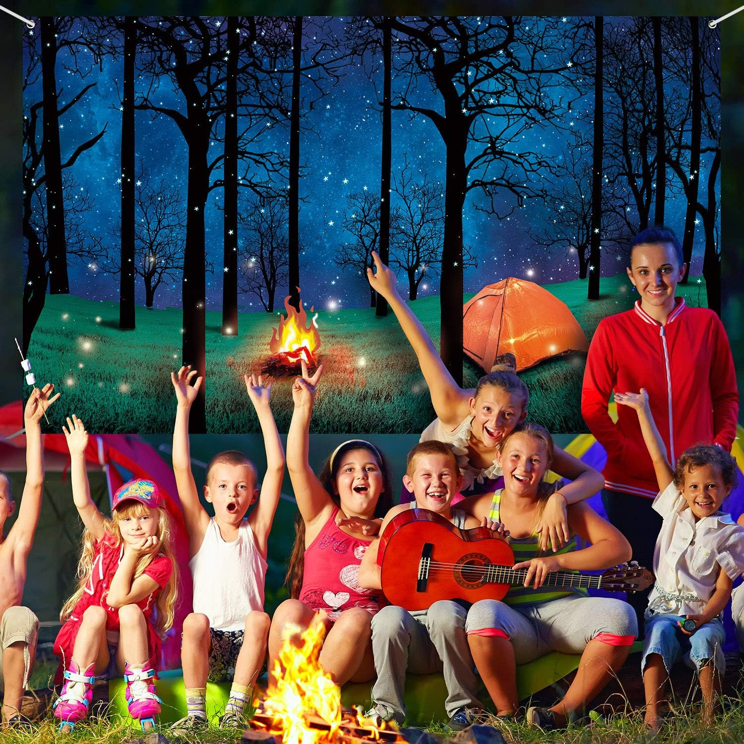 Forest Camping Backdrop 6.1 x3.6ft Campfire Tent Forest Scene Photo Party Banner