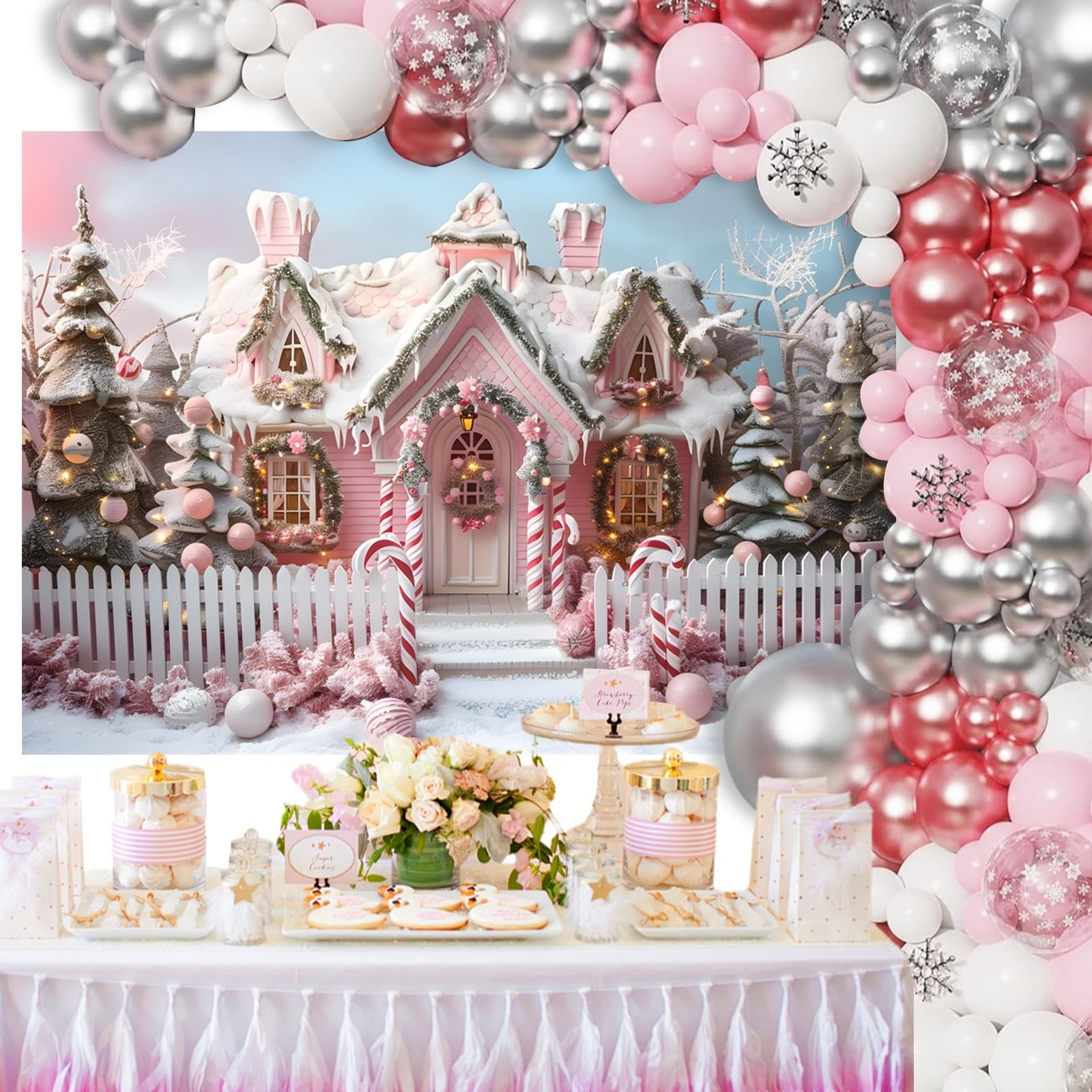 Pink Christmas Backdrop House Cane Candy Winter Holiday Party Props 7×5 Ft