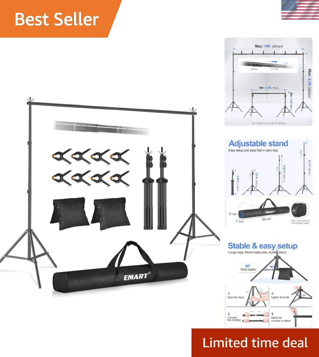 Backdrop Stand 10×8.5ftWxH Photo Studio Adjustable Background Stand Support K…