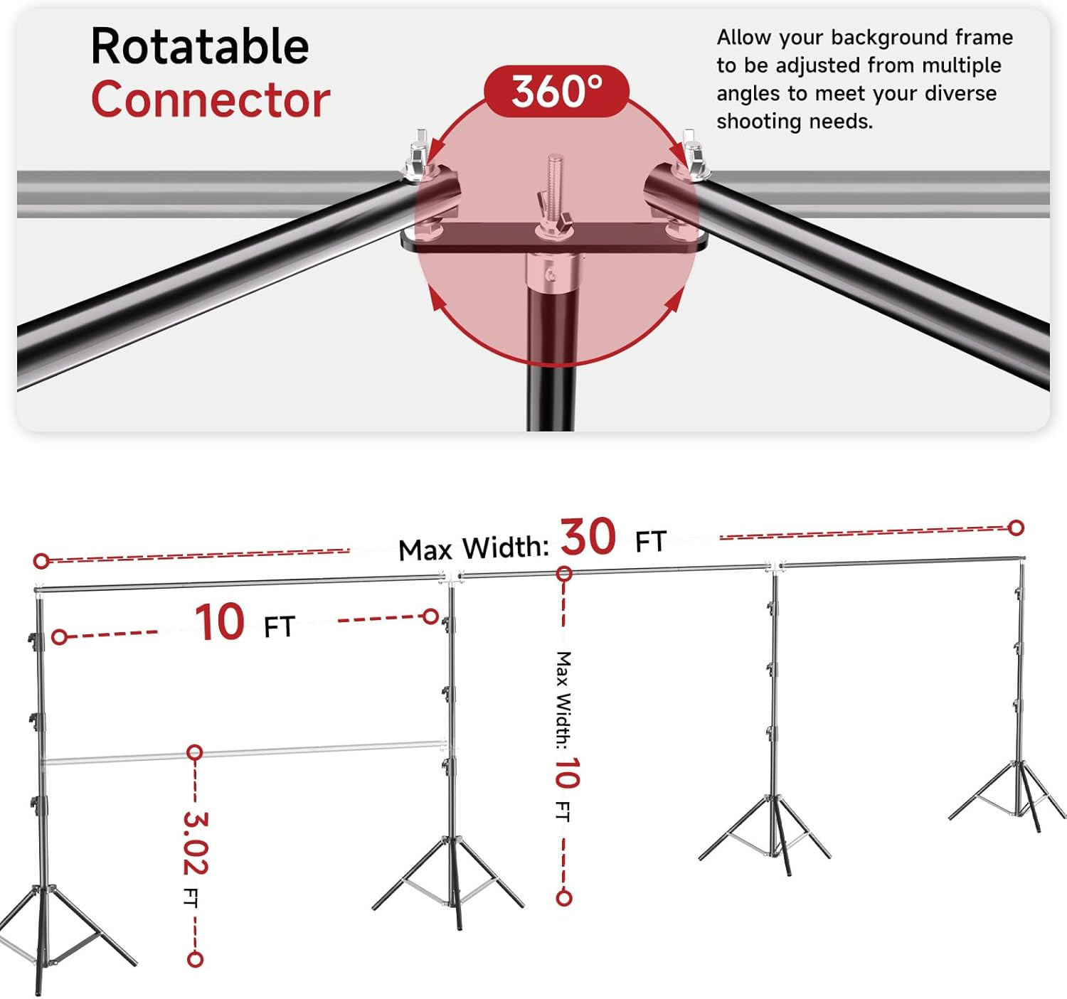 10X30Ft Photo Backdrop Stand, Angle Adjustable Triple Crossbar Extender Mount, P