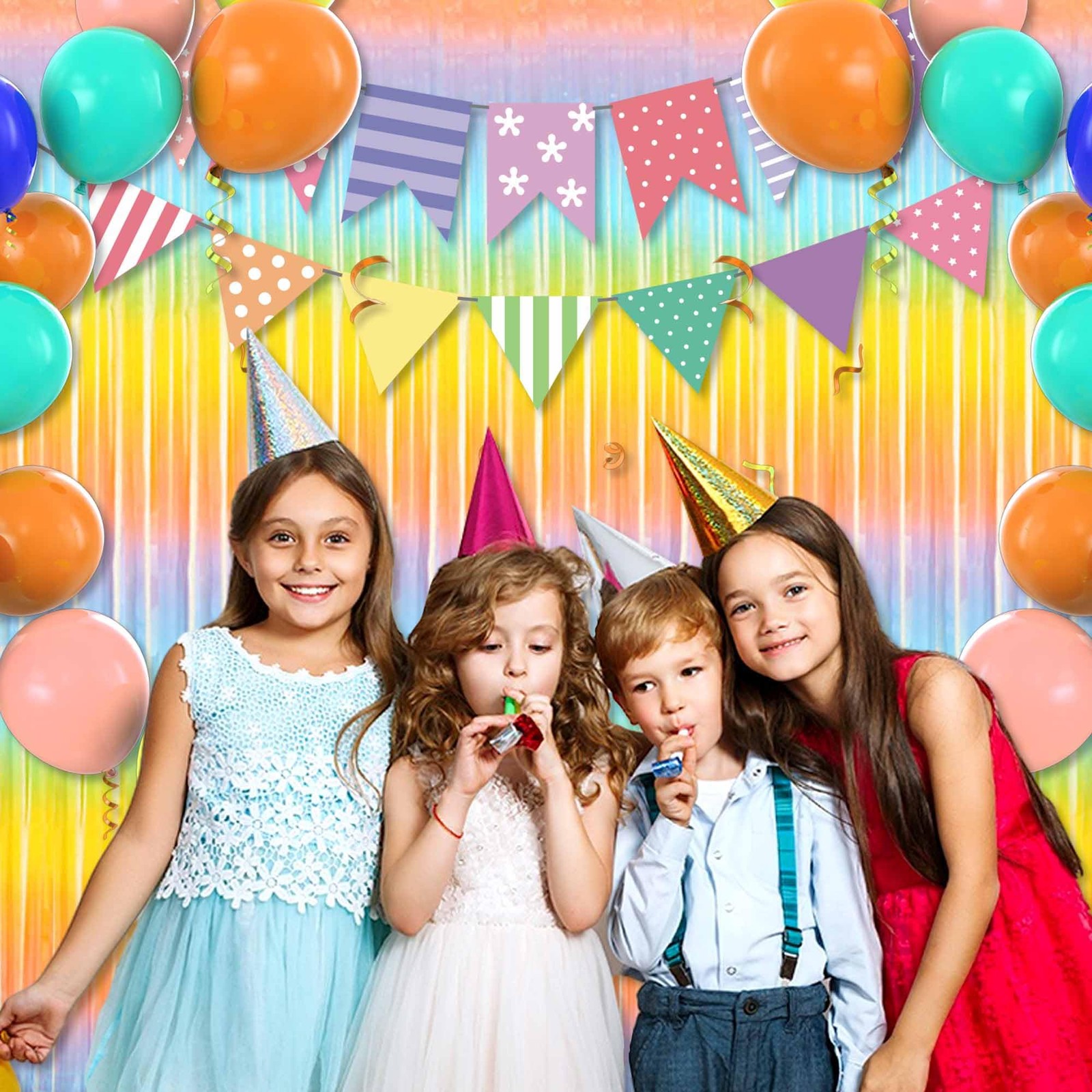 6 PCS 3.28×8.2 Ft Rainbow Foil Fringe Curtains Party Photo Backdrop