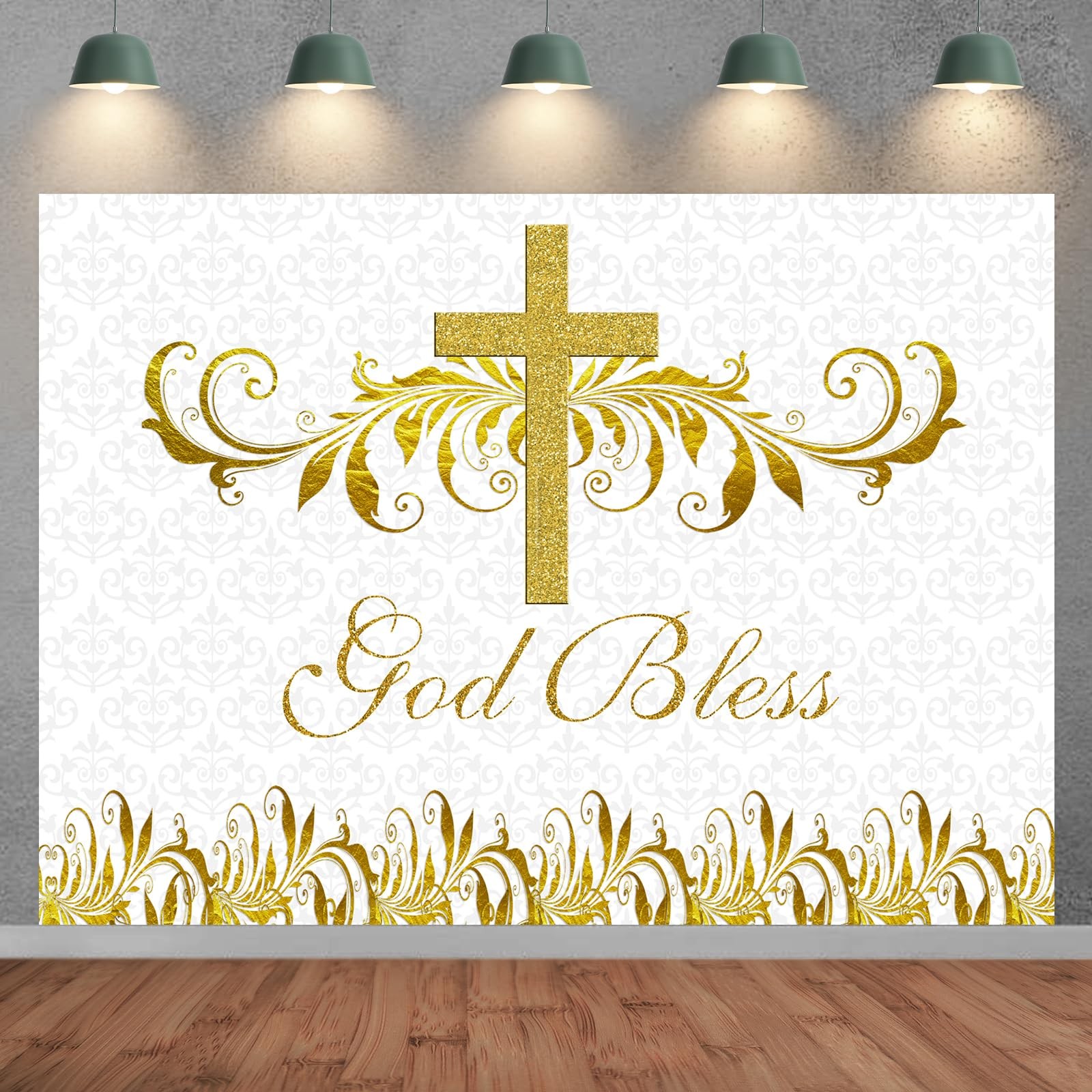7x5ft God Bless Backdrop Baptism Holy Communion Gold White Floral Decor