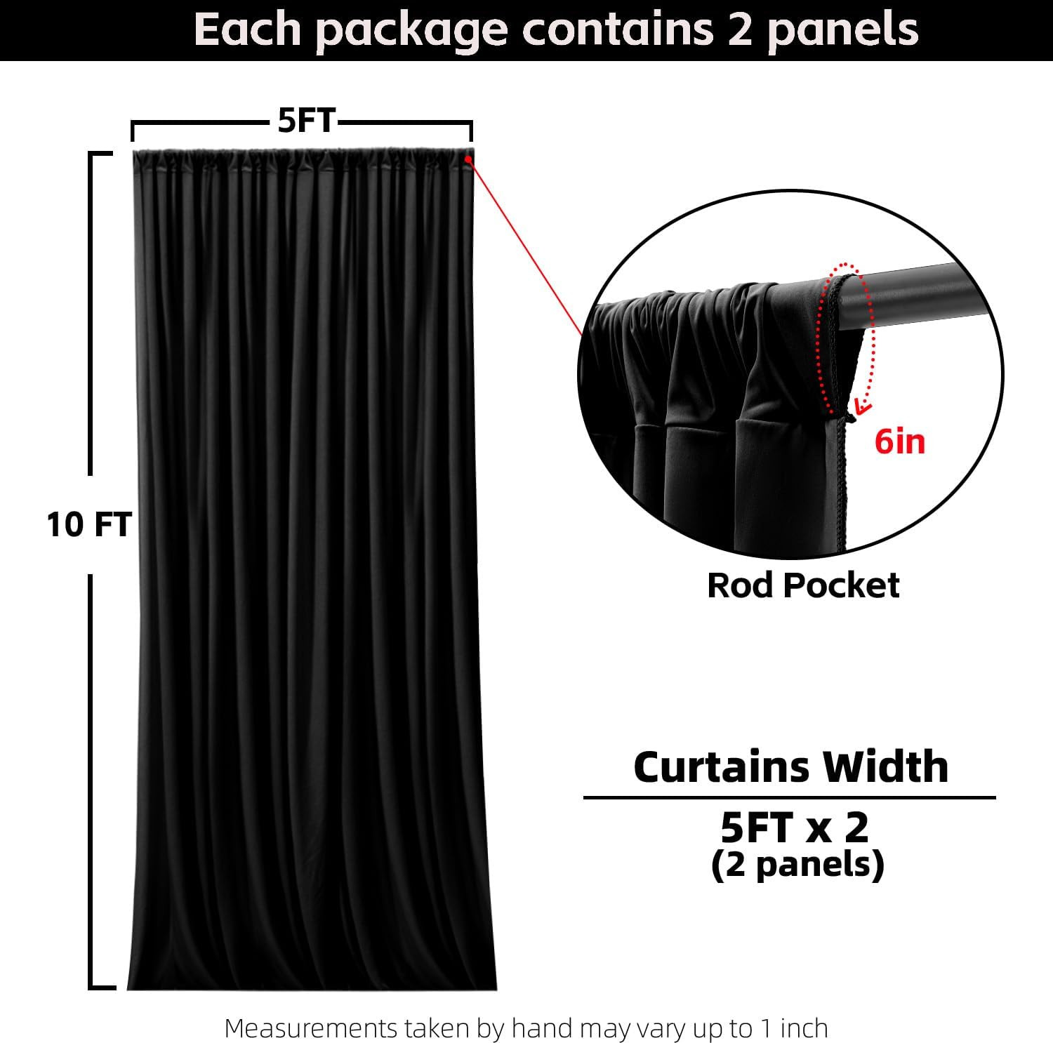 Black Backdrop Curtains for Events, 10x10Ft Wrinkle-Free Fabric Drape, 2 Panels