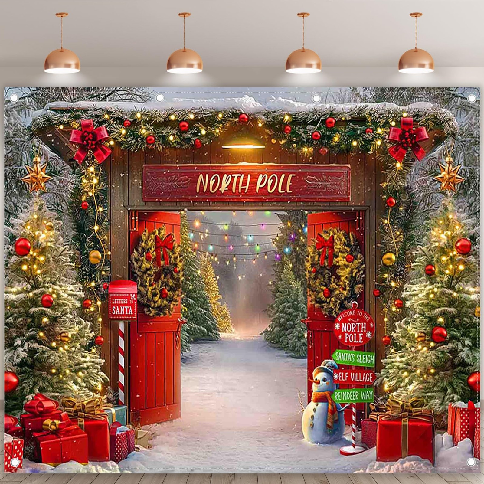 10x8ft Fabric Christmas Backdrop Winter Forest Wooden Barn Door North Pole Sn…