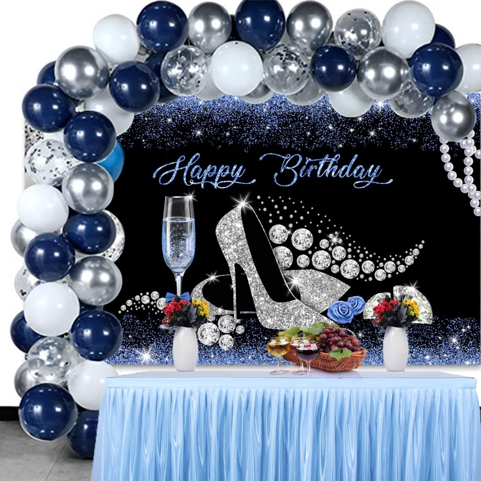Blue Glitter Pearl Diamond High Heels Happy Birthday Backdrop 10×6.5ft Mat