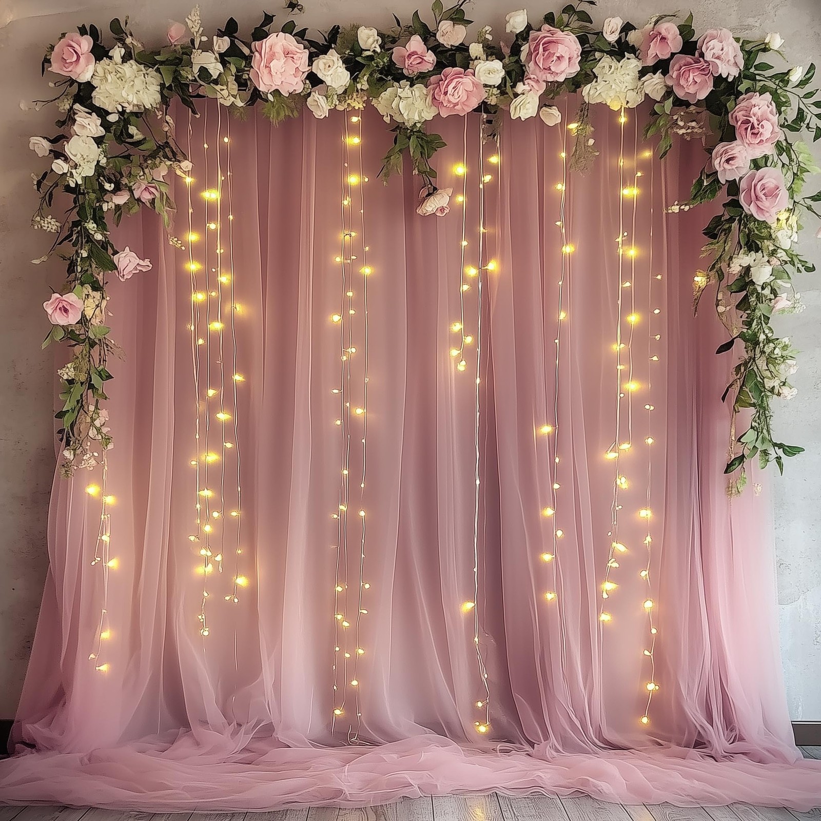 10×10 Ft Dusty Rose Tulle Backdrop Curtain With Lights 2 Panels 5×10 Ft