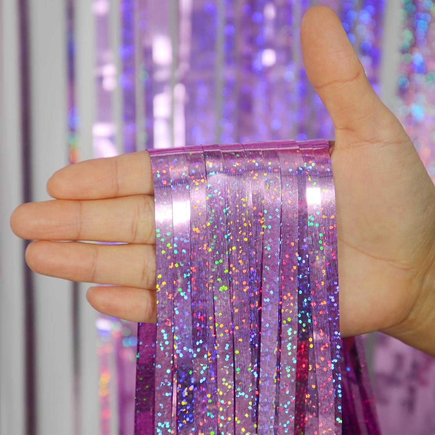 Melsan 2 Pack 3.2 ft x 8.2 Tinsel Foil Fringe x ft, Pinkish Purple