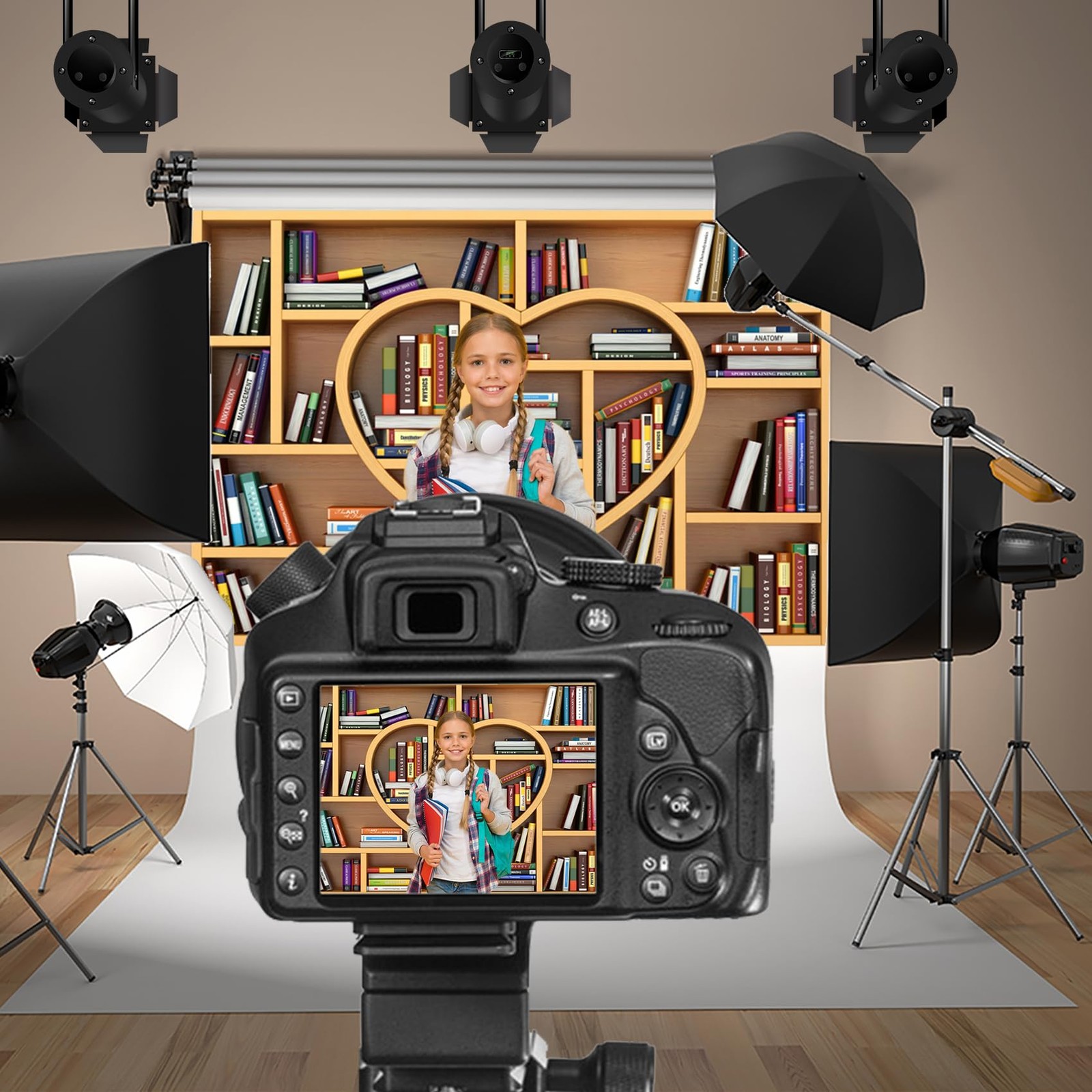 5×3 FT Polyester Heart Shaped Bookshelf Backdrop Photography Background