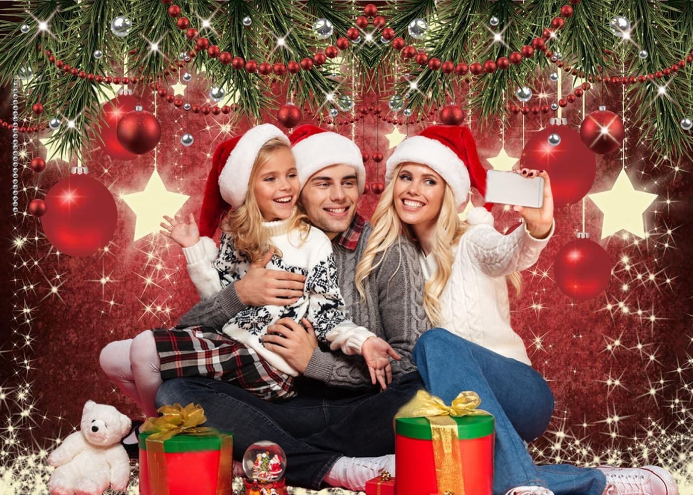 Festive 7x5ft Red Ball Christmas Backdrop for Holiday Parties