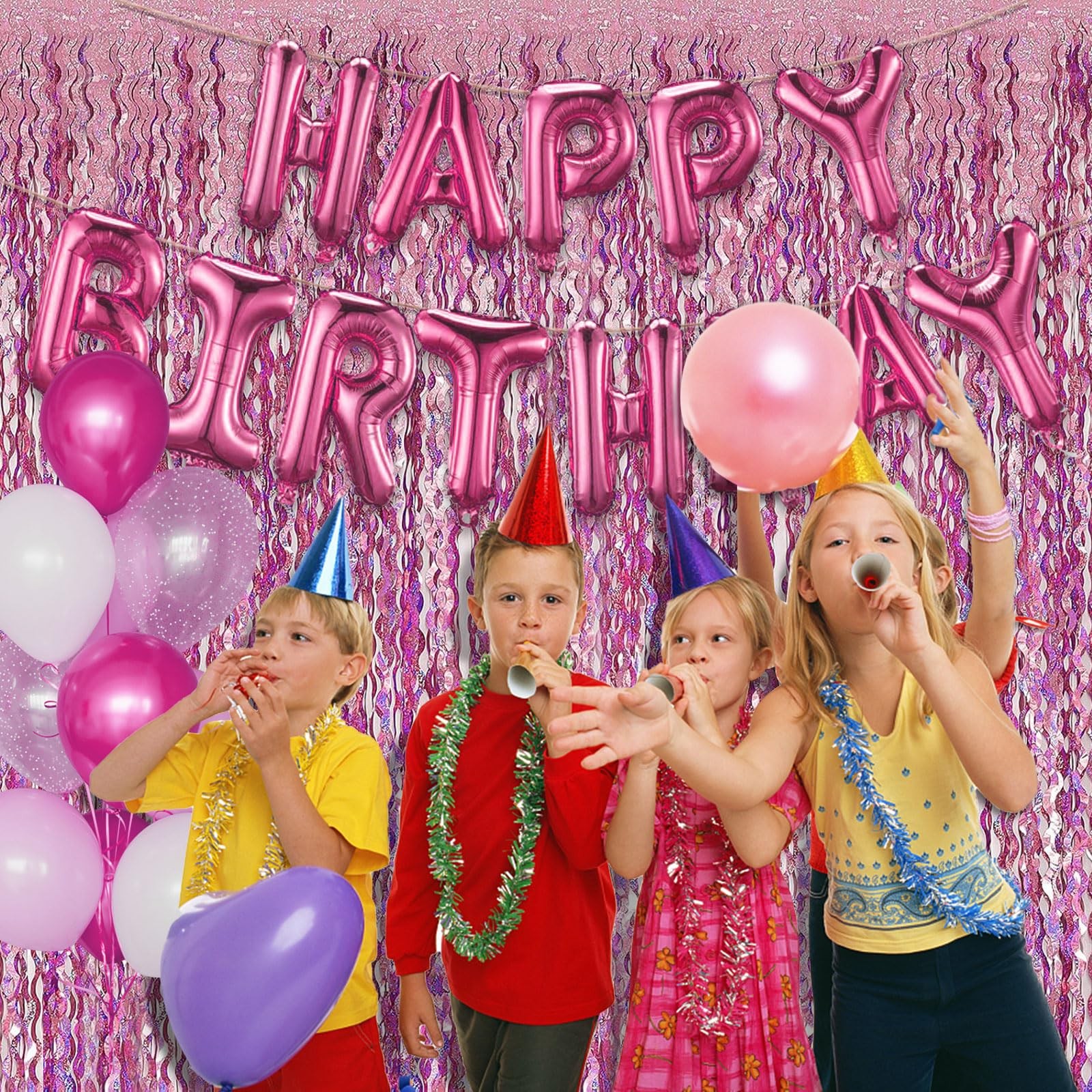 Pink Streamers Fringe Backdrop Party Decorations Tinsel Foil 2 Pack,