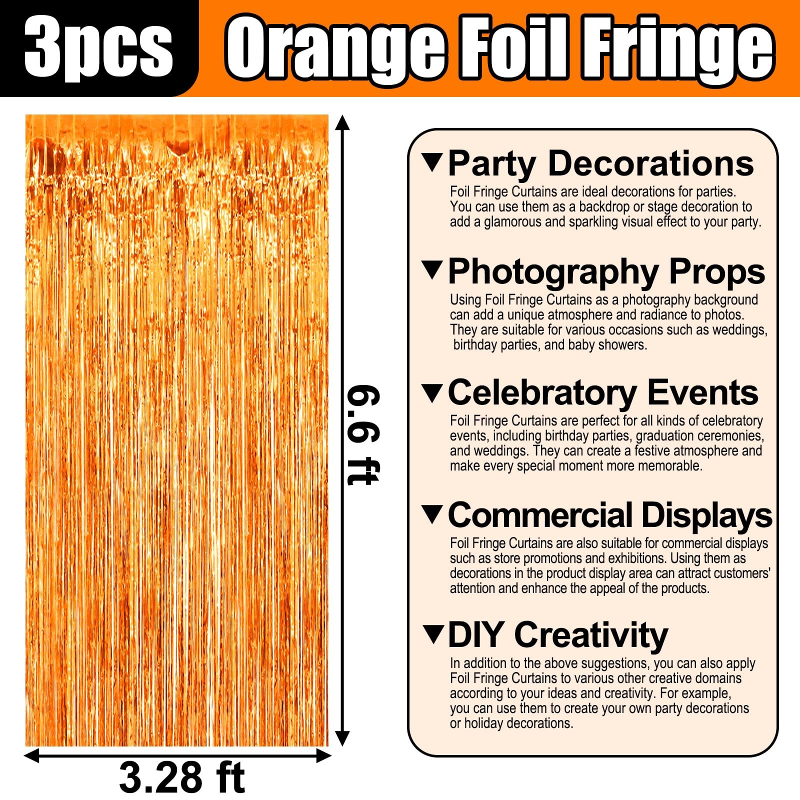 3 PCS Orange Foil Fringe Curtain Backdrop 3.28×6.6 Ft Metallic Tinsel Decor