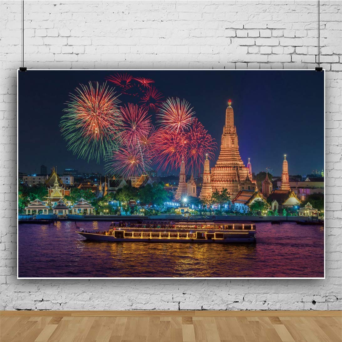 8x6ft New Years Eve Backdrop 2025 Bangkok Fireworks Seaside Photography Prop