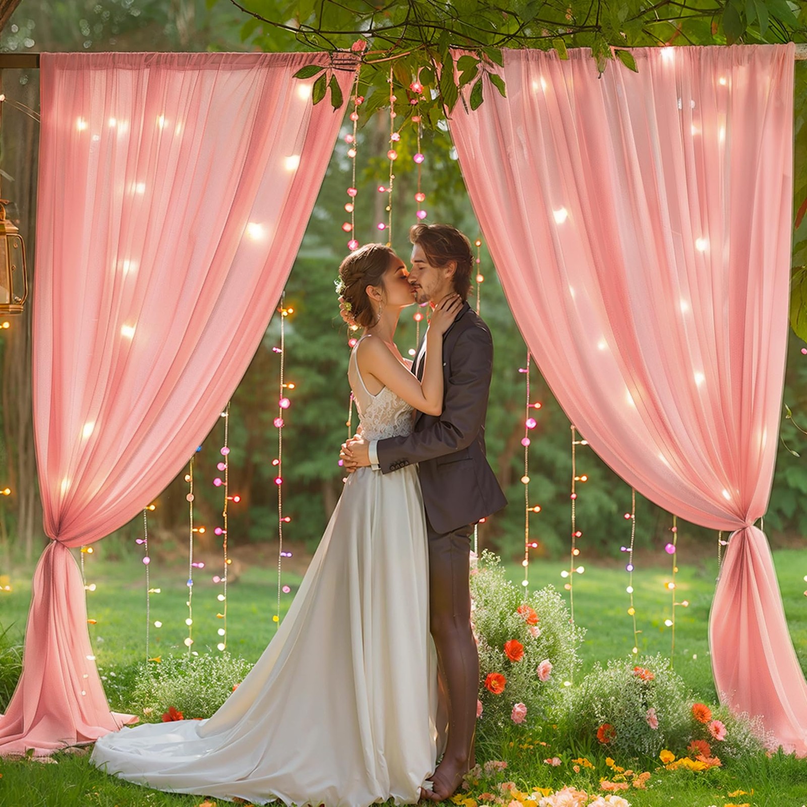 Dusty Pink Polyester Party Backdrop Curtains Drapes With Lights 10x10ft 2PK