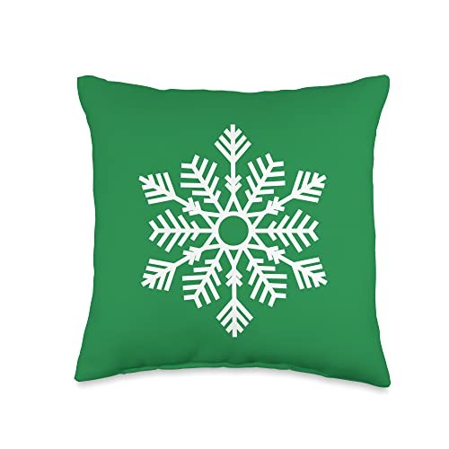 Snowflake Christmas White On Green Xmas Winter Snow Star Throw Pillow 16×16