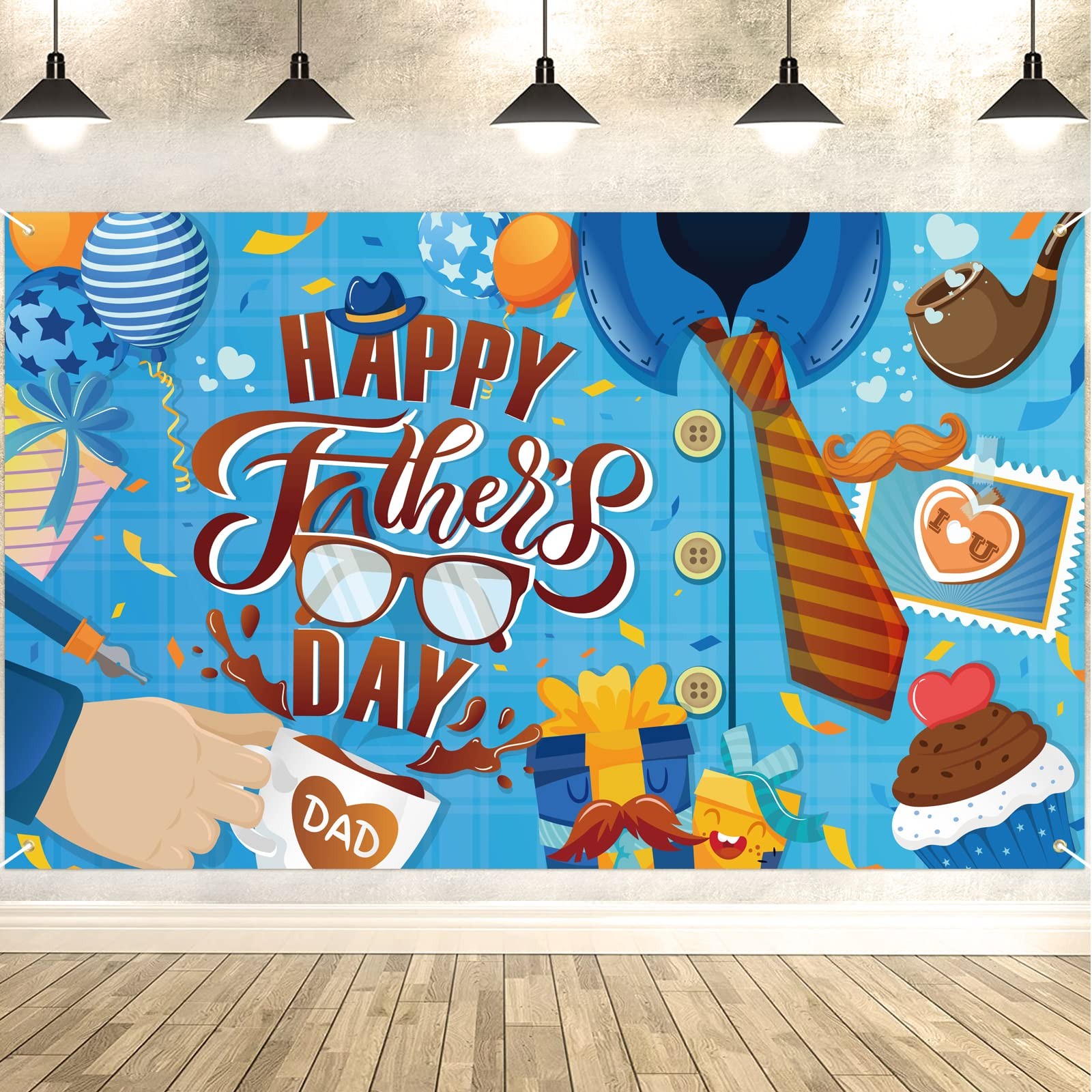 Happy Father’s Day Banner, Blue Fabric Backdrop with Brown Tie, Star Balloons, ‘