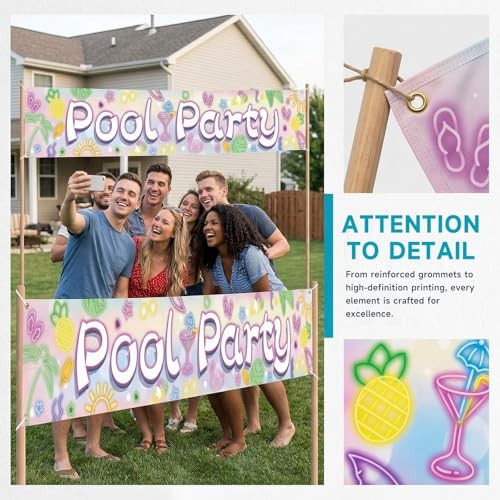 Colorful Birthday Backdrop Banner for Party, Large Photo Pool Party Blue