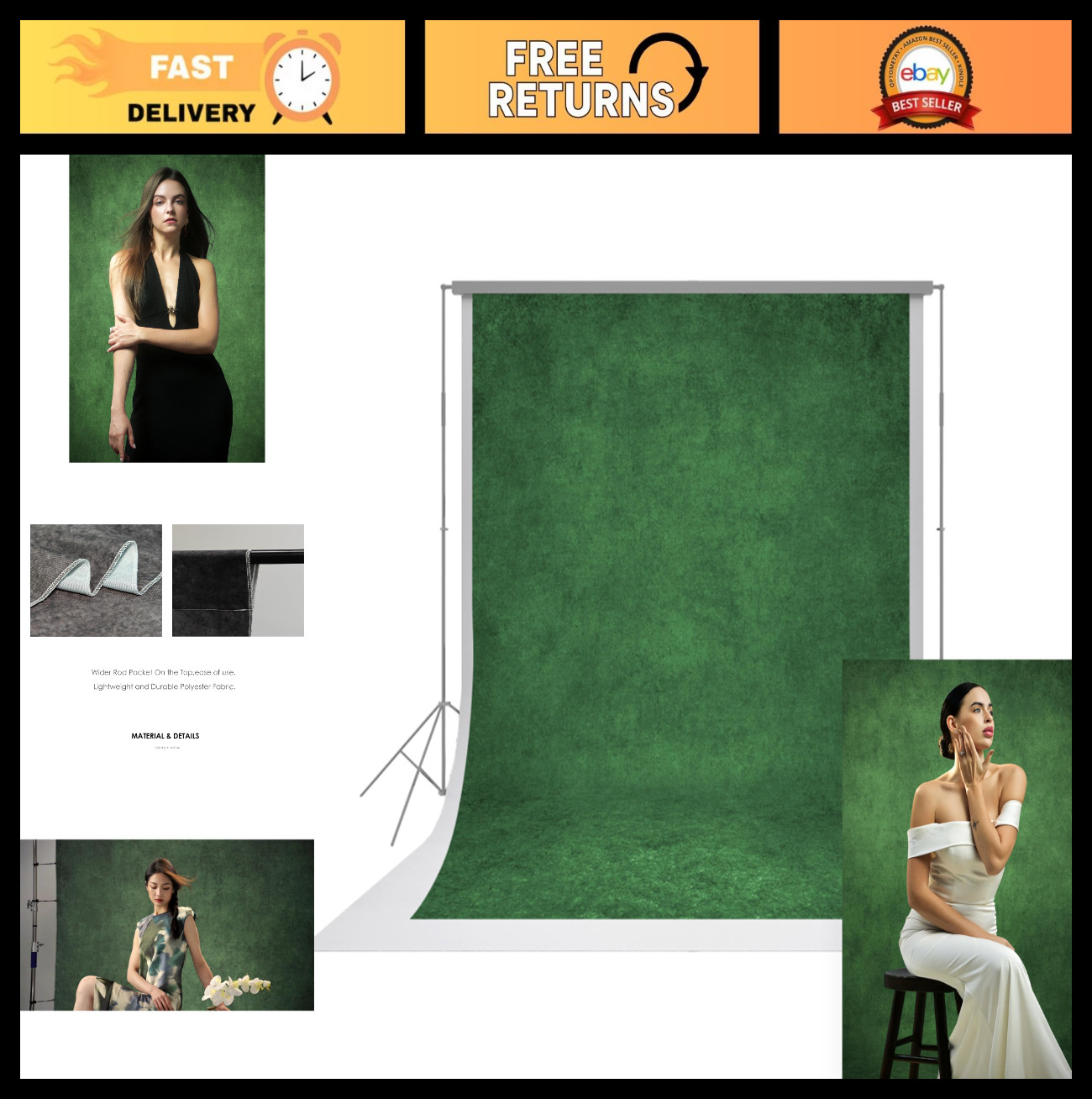 8×10 ft Green Fabric Photo Backdrop, Classic Abstract Texture for Portraits & Ev