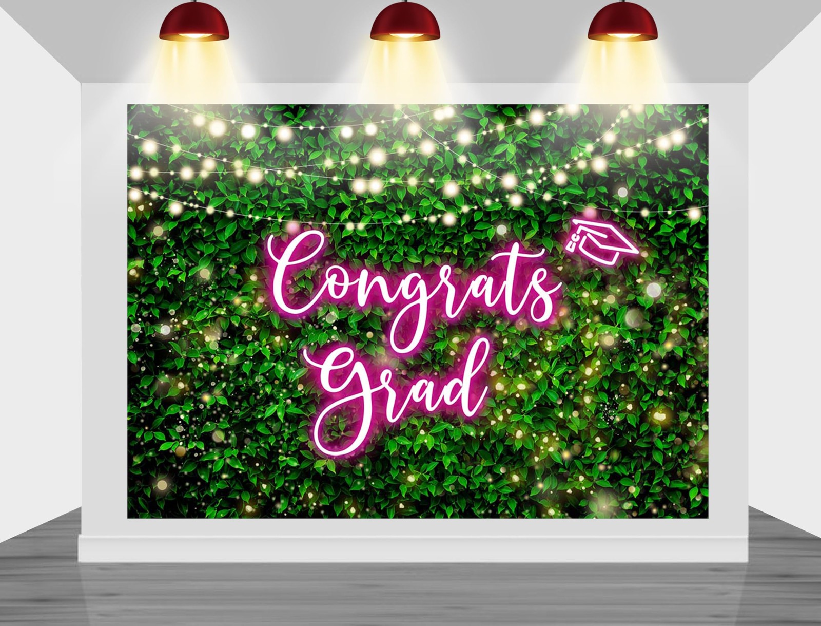 2025 Congrats Grad Backdrop Green Leaves Graduation Decoration Pink 7x5ft