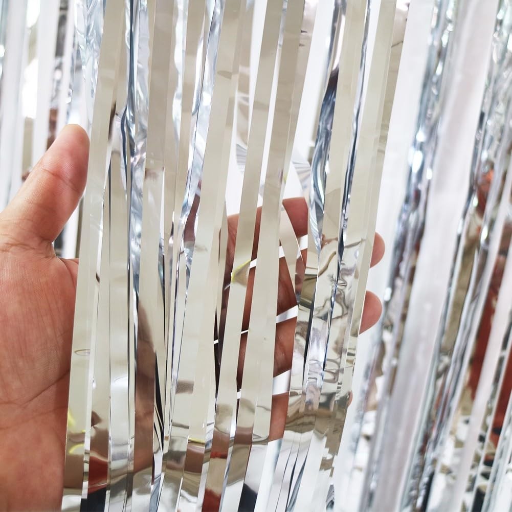 4 Pack Silver Foil Fringe Curtain – Metallic Tinsel Streamer Backdrop