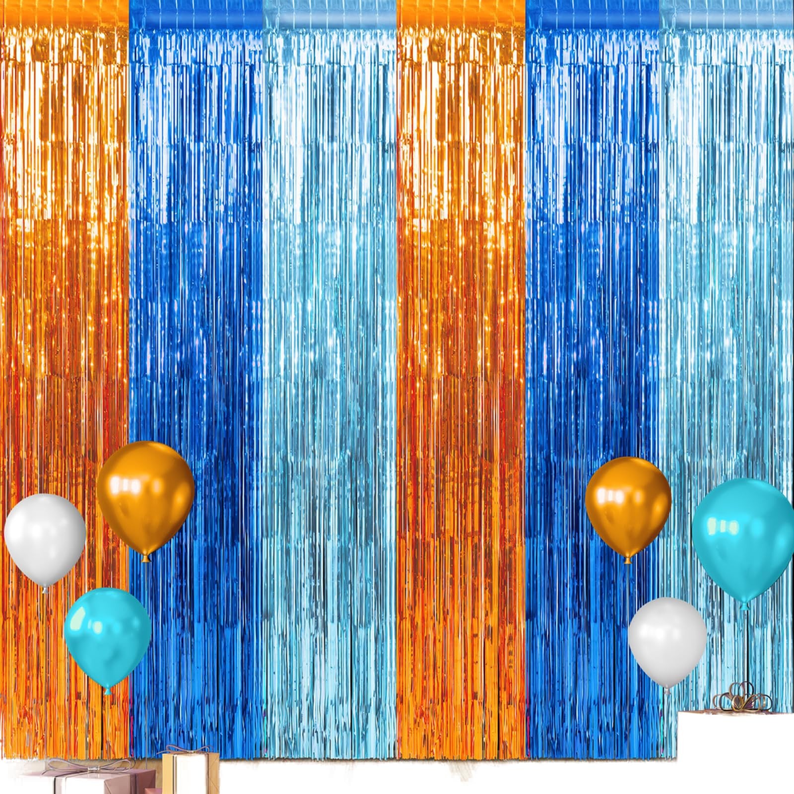 3 Pack 3.3×6.6Ft Blue Dog Foil Fringe Curtains, Orange, Light Blue Tinsel
