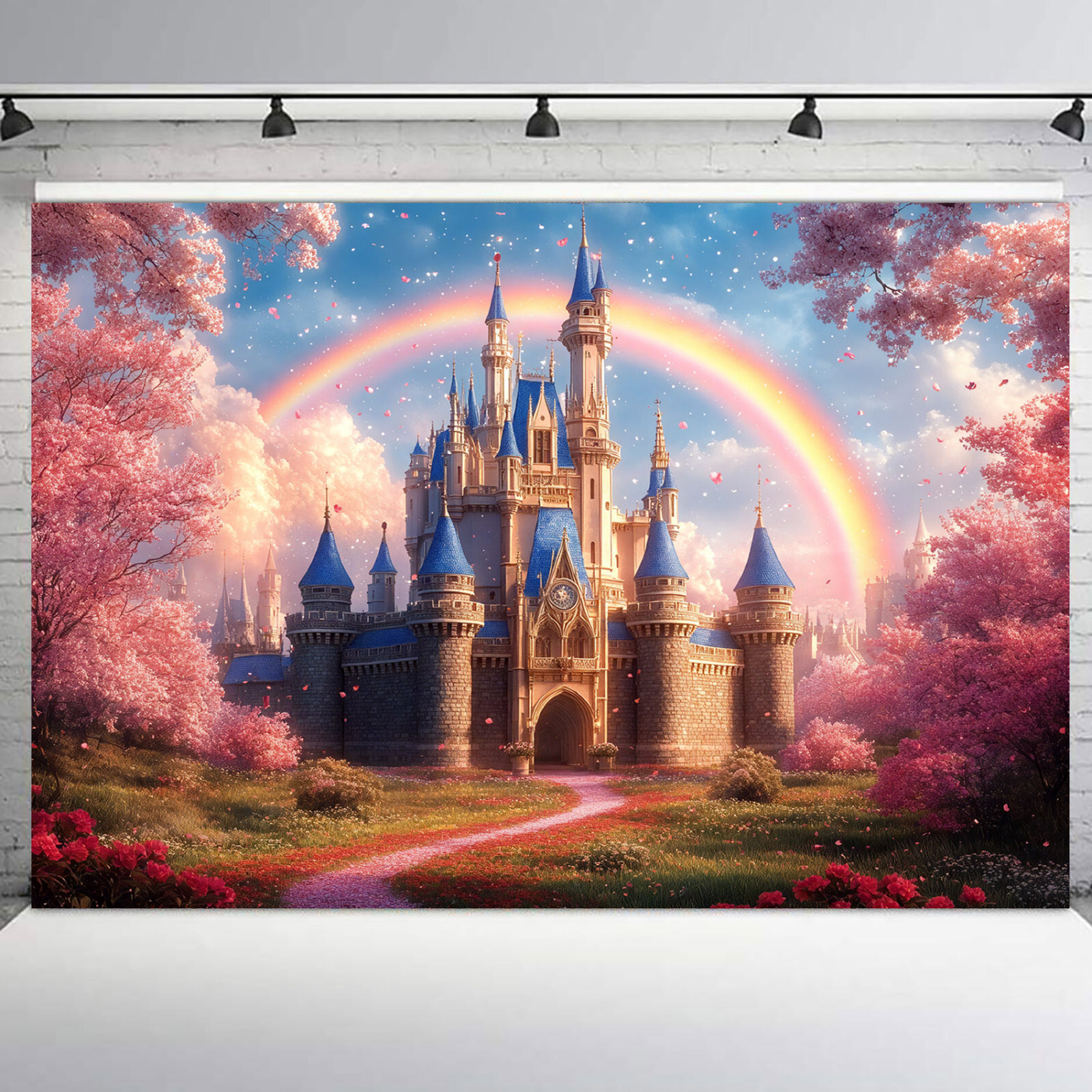 10x8ft Spring Landscape Blue Magic Castle Rainbow Photo Background Studio Props