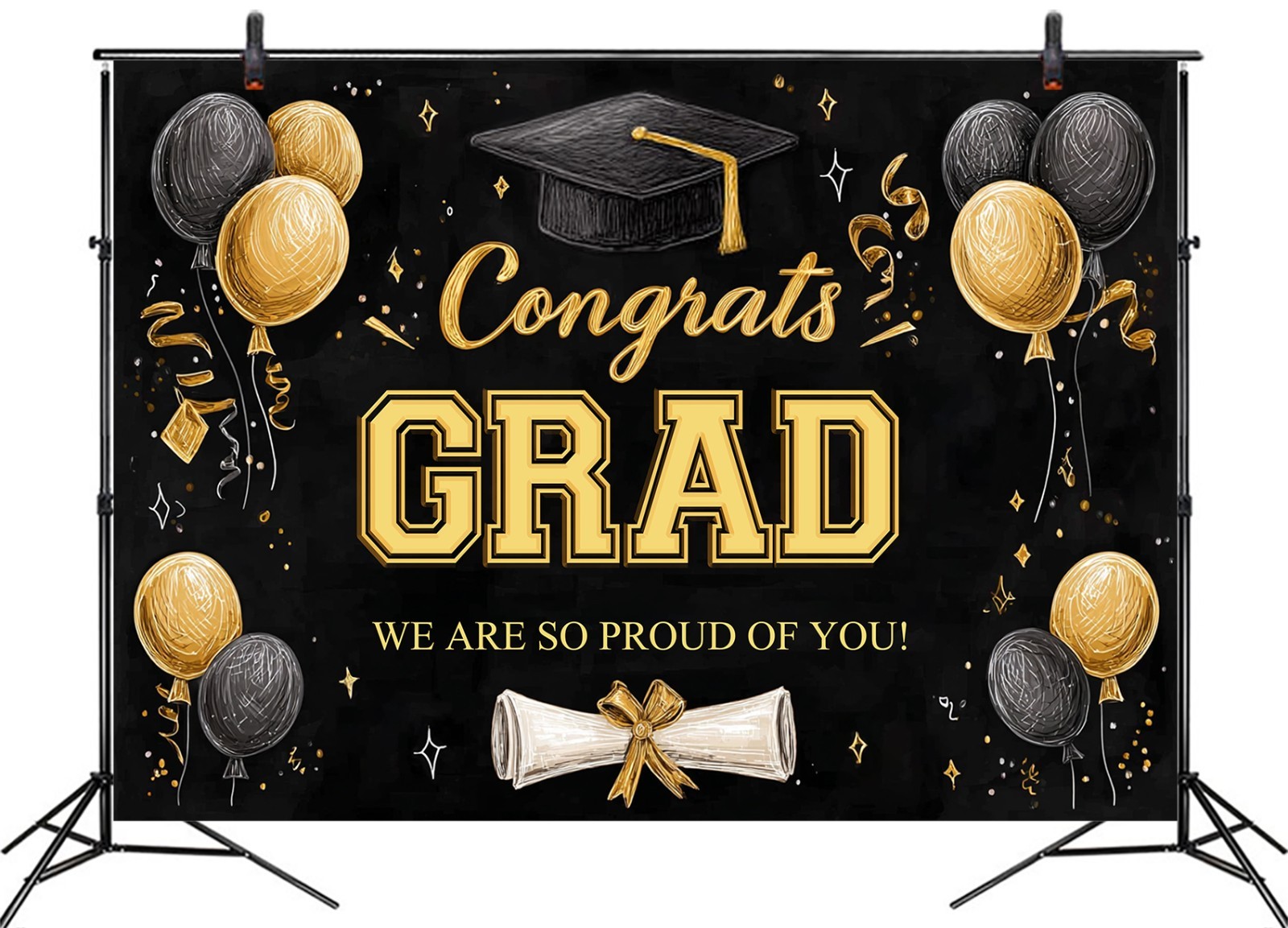 10x8ft Black and Gold Graduation Backdrop Banner Bachelor’s Cap Photo Background