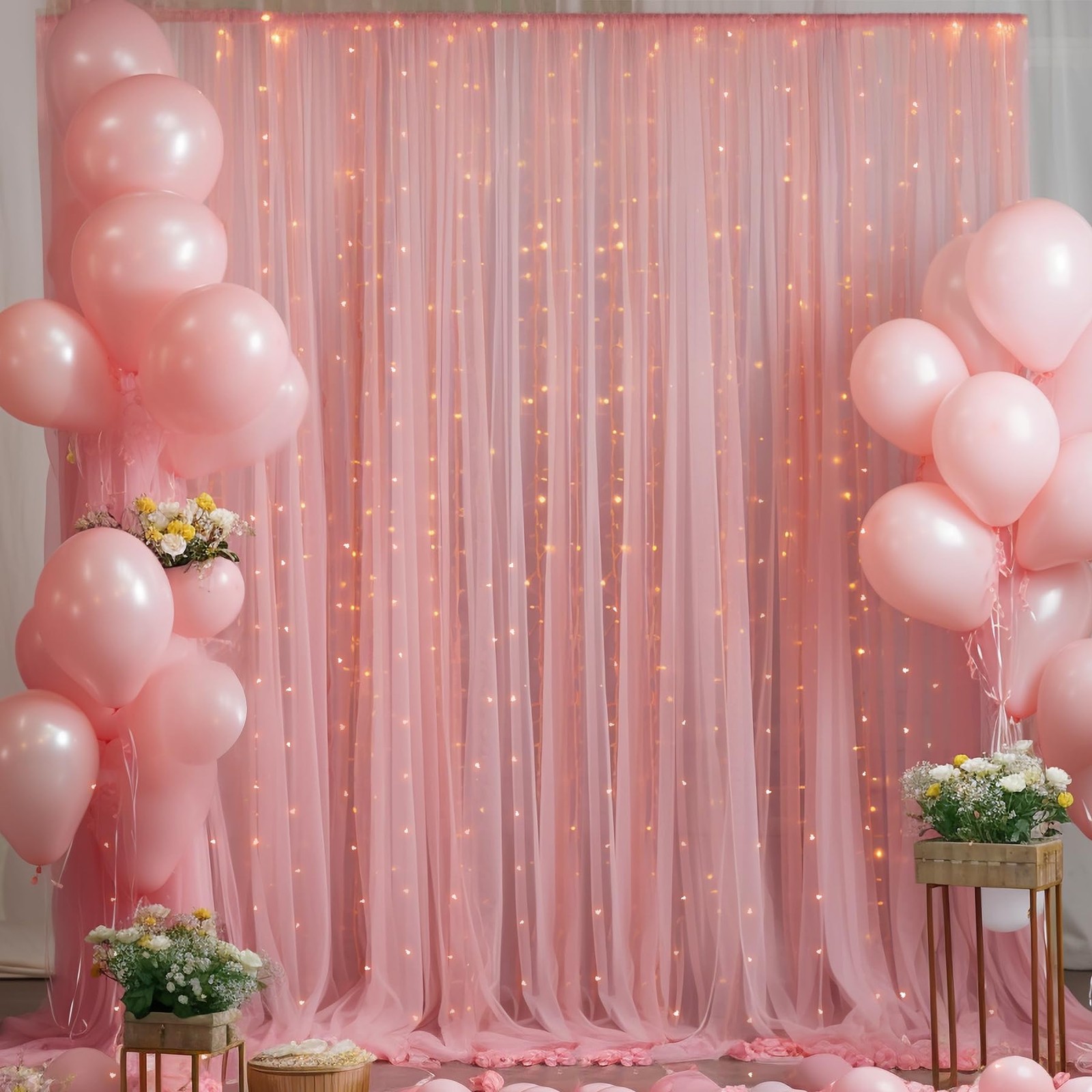 108FT Dusty Rose Tulle Sheer Backdrop Curtains String Lights Wedding Photo